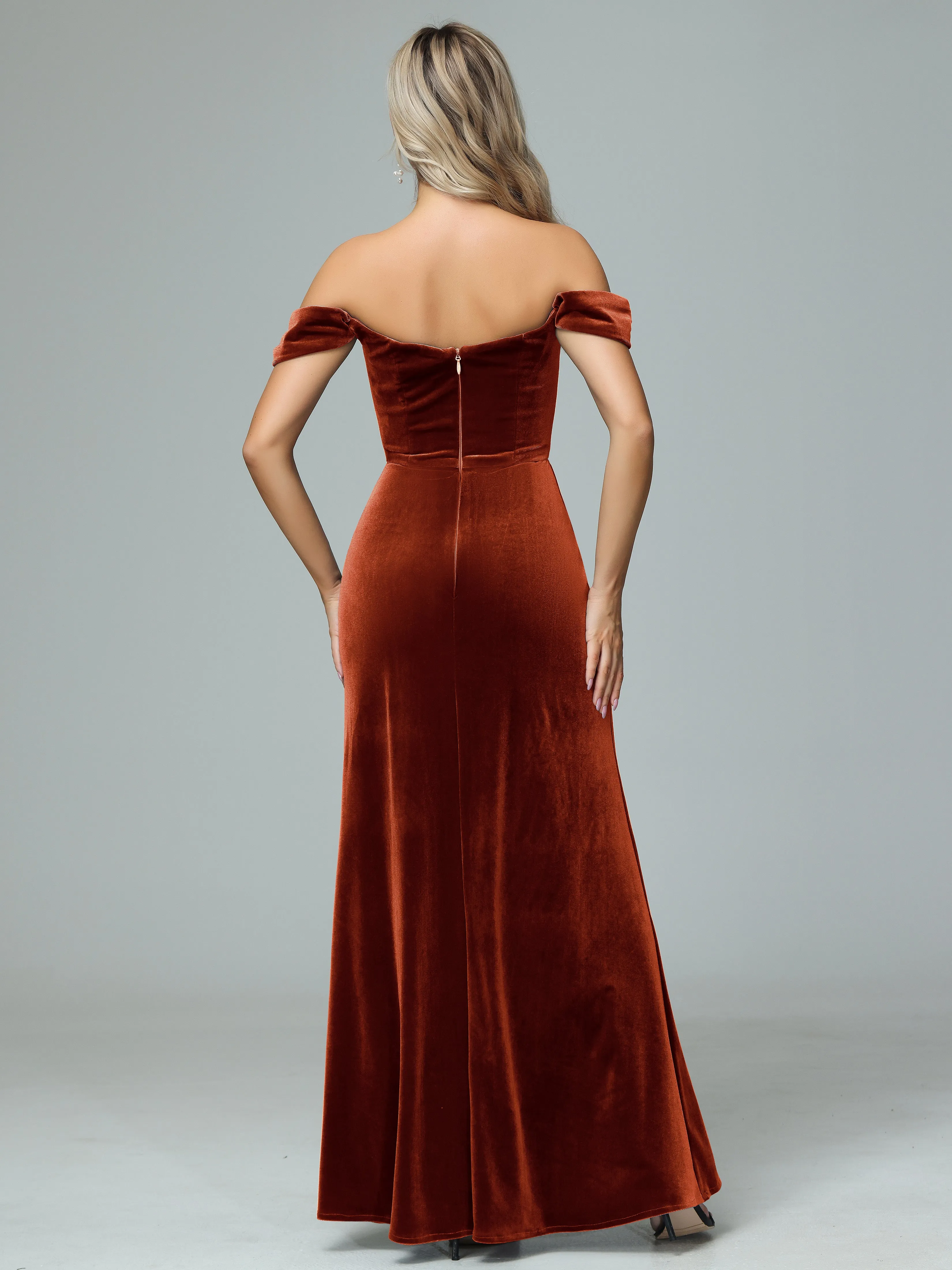 Off the Shoulder Column Velvet Bridesmaid Dresses with Slit