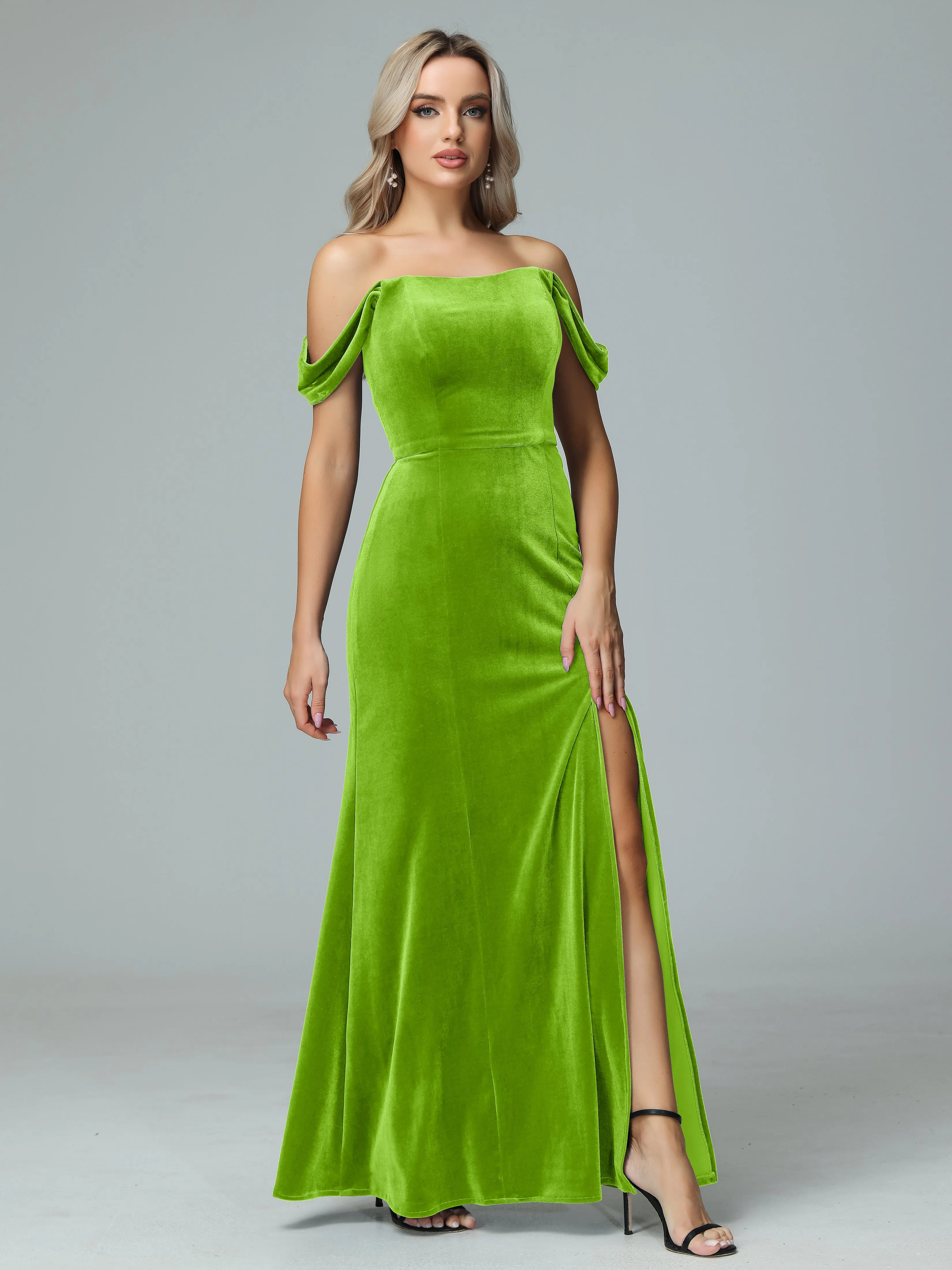 Off the Shoulder Column Velvet Bridesmaid Dresses with Slit