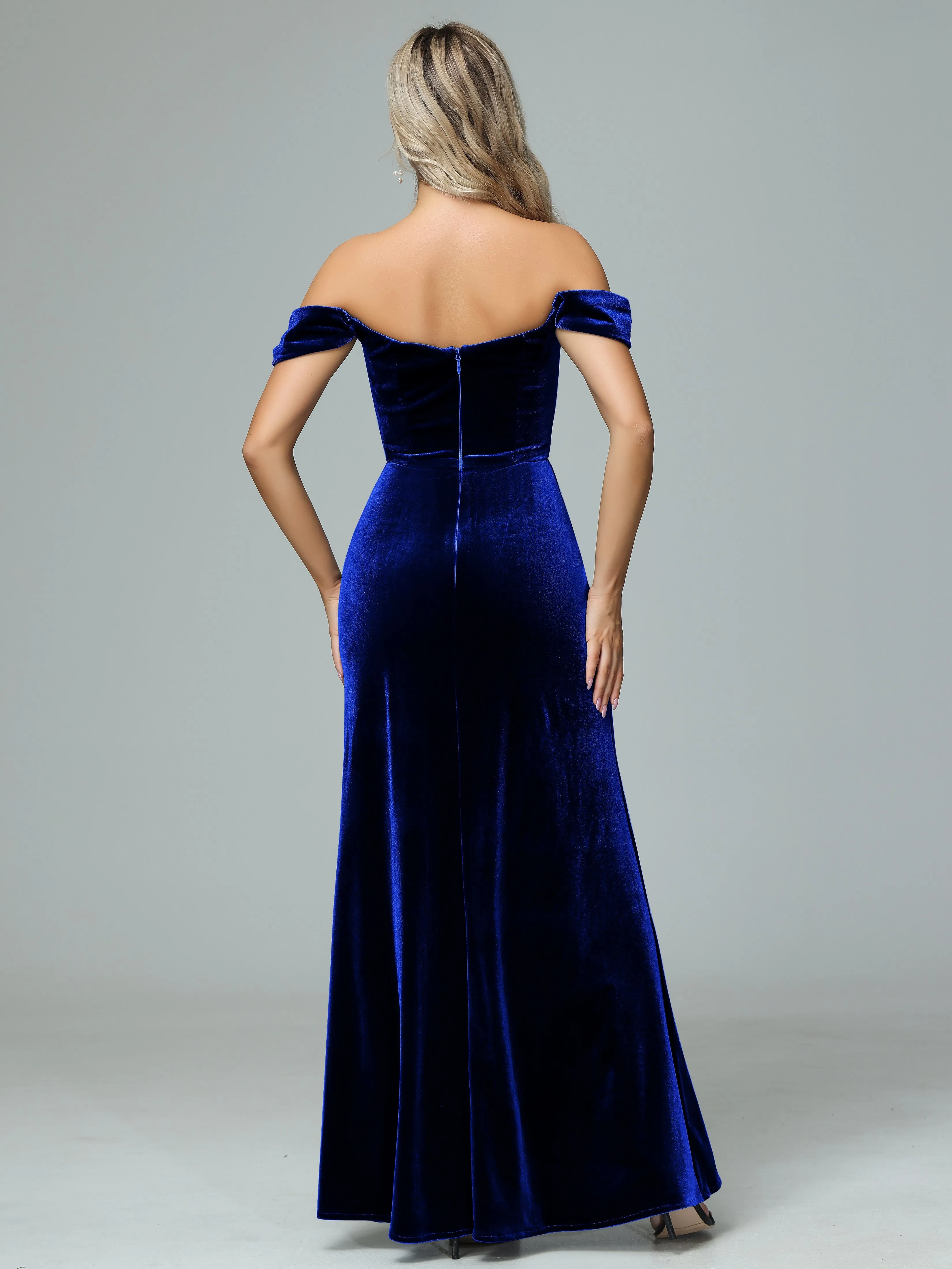 Off the Shoulder Column Velvet Bridesmaid Dresses with Slit