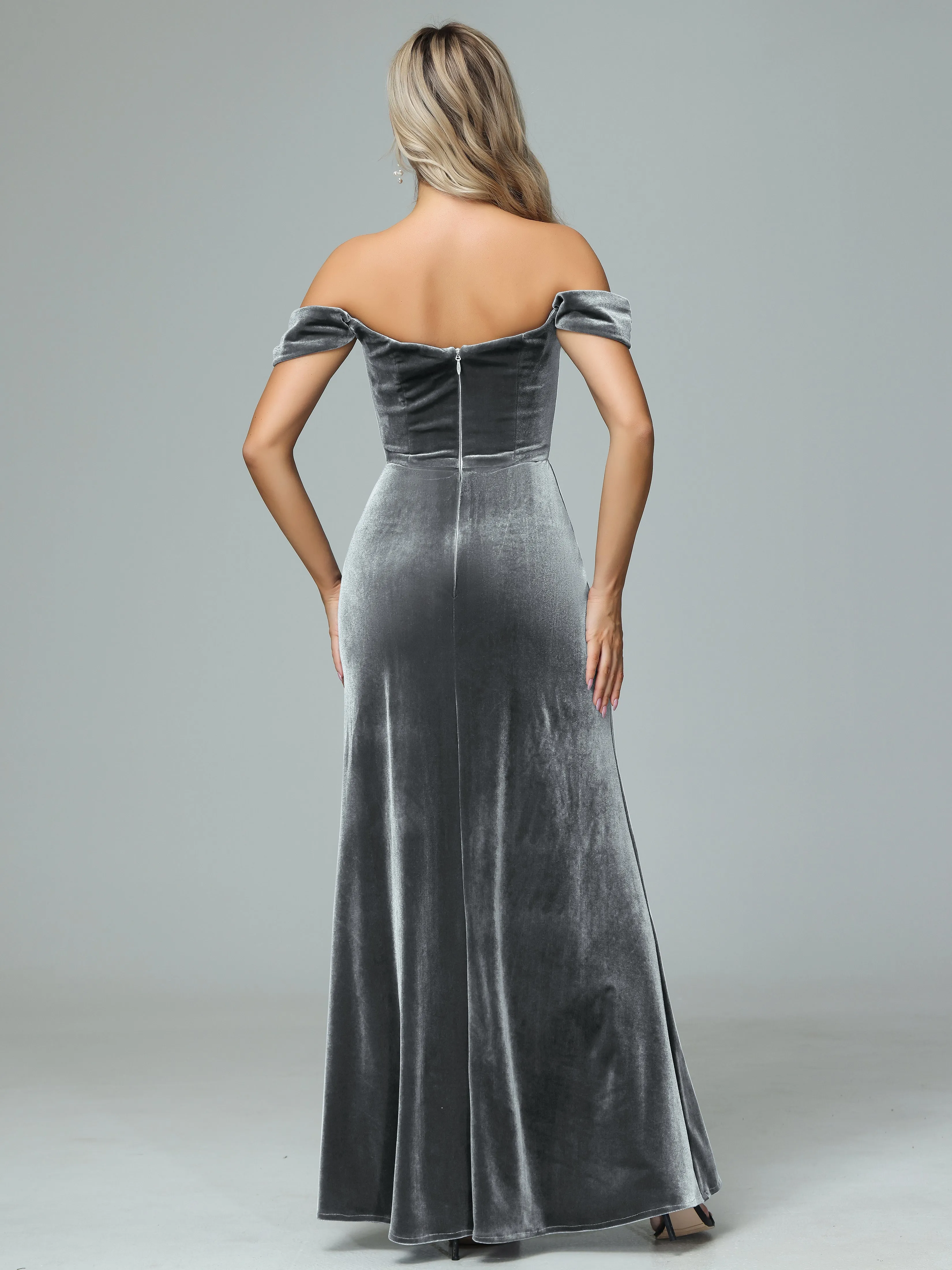 Off the Shoulder Column Velvet Bridesmaid Dresses with Slit