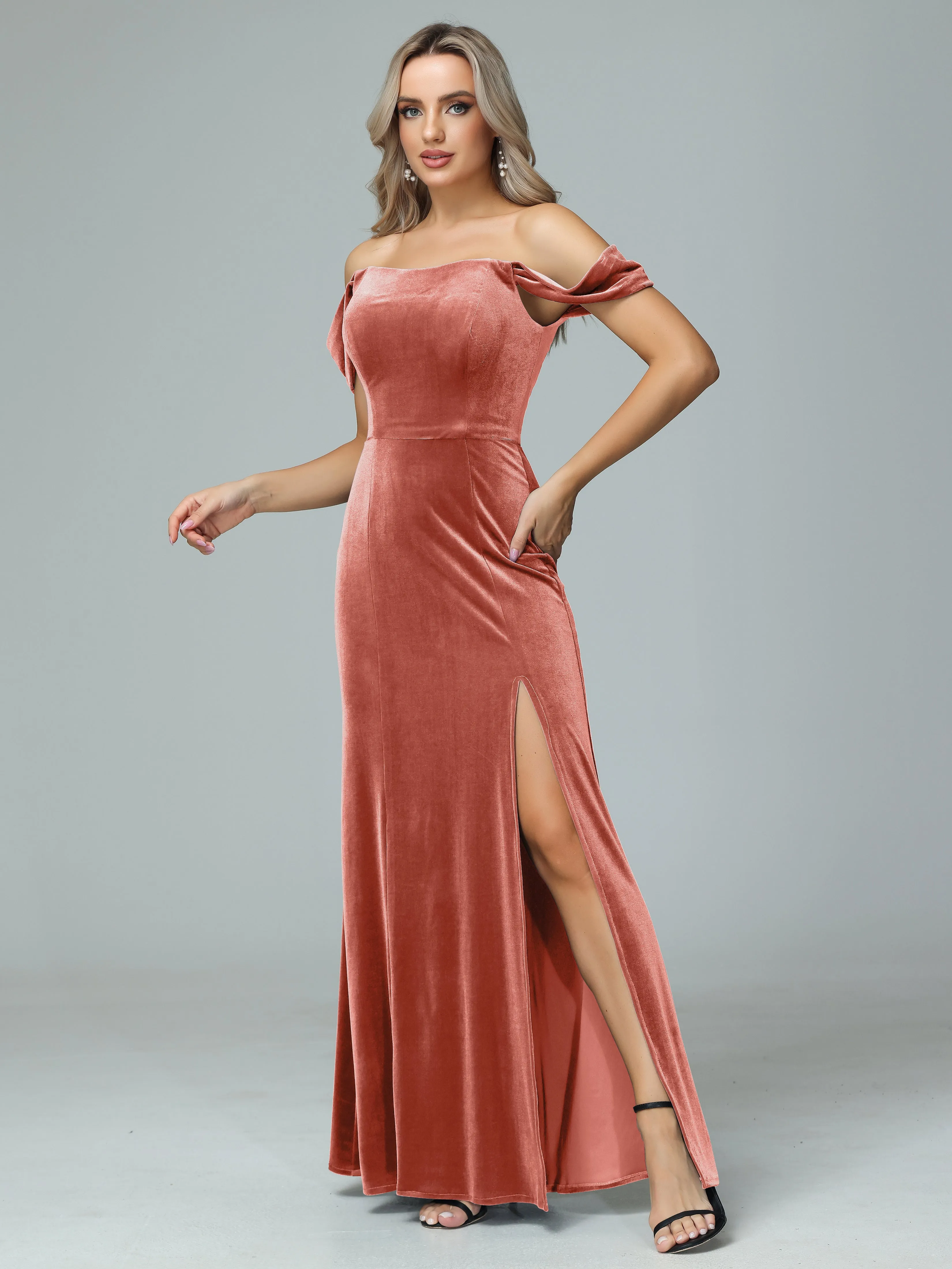 Off the Shoulder Column Velvet Bridesmaid Dresses with Slit