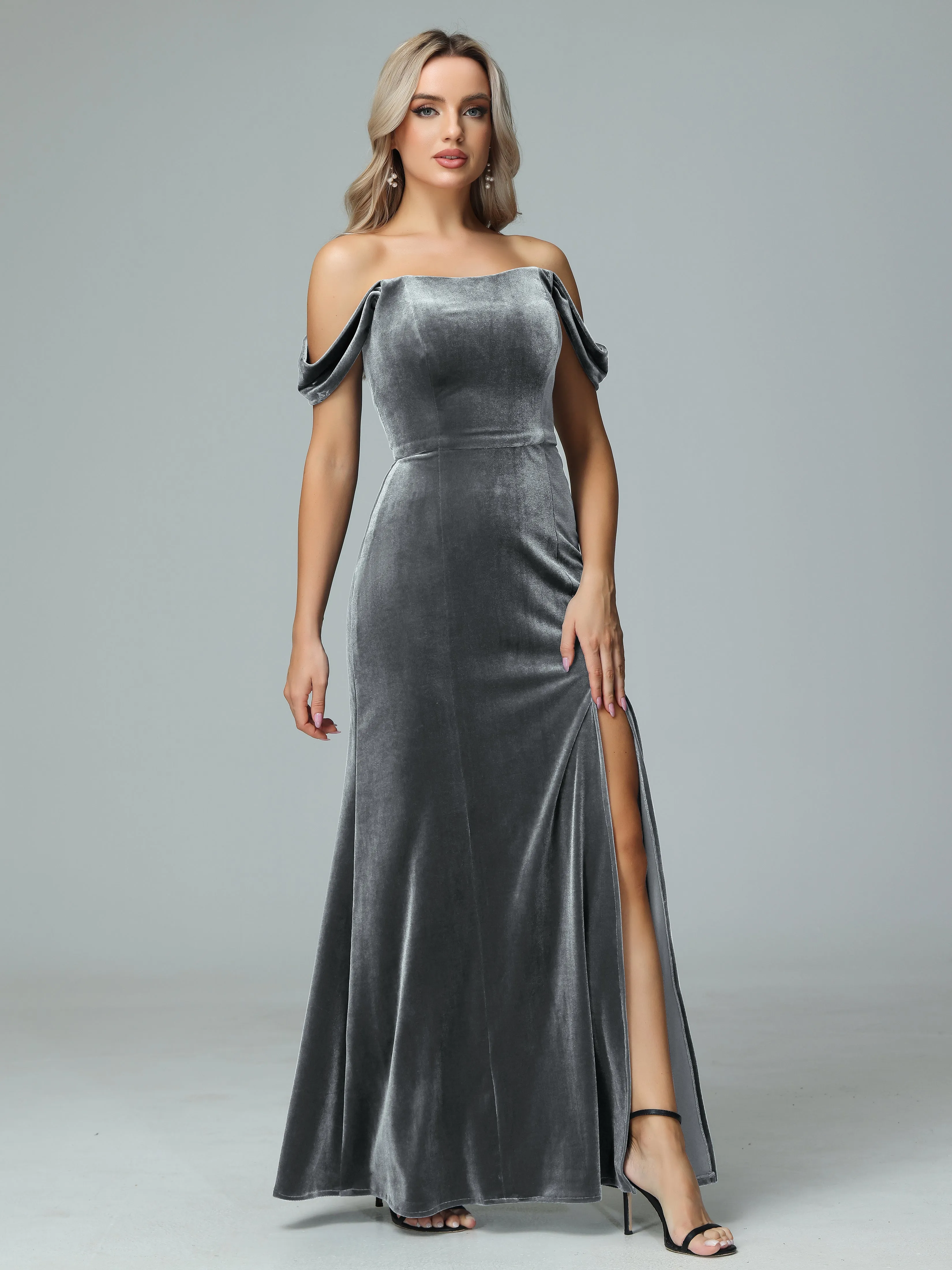 Off the Shoulder Column Velvet Bridesmaid Dresses with Slit