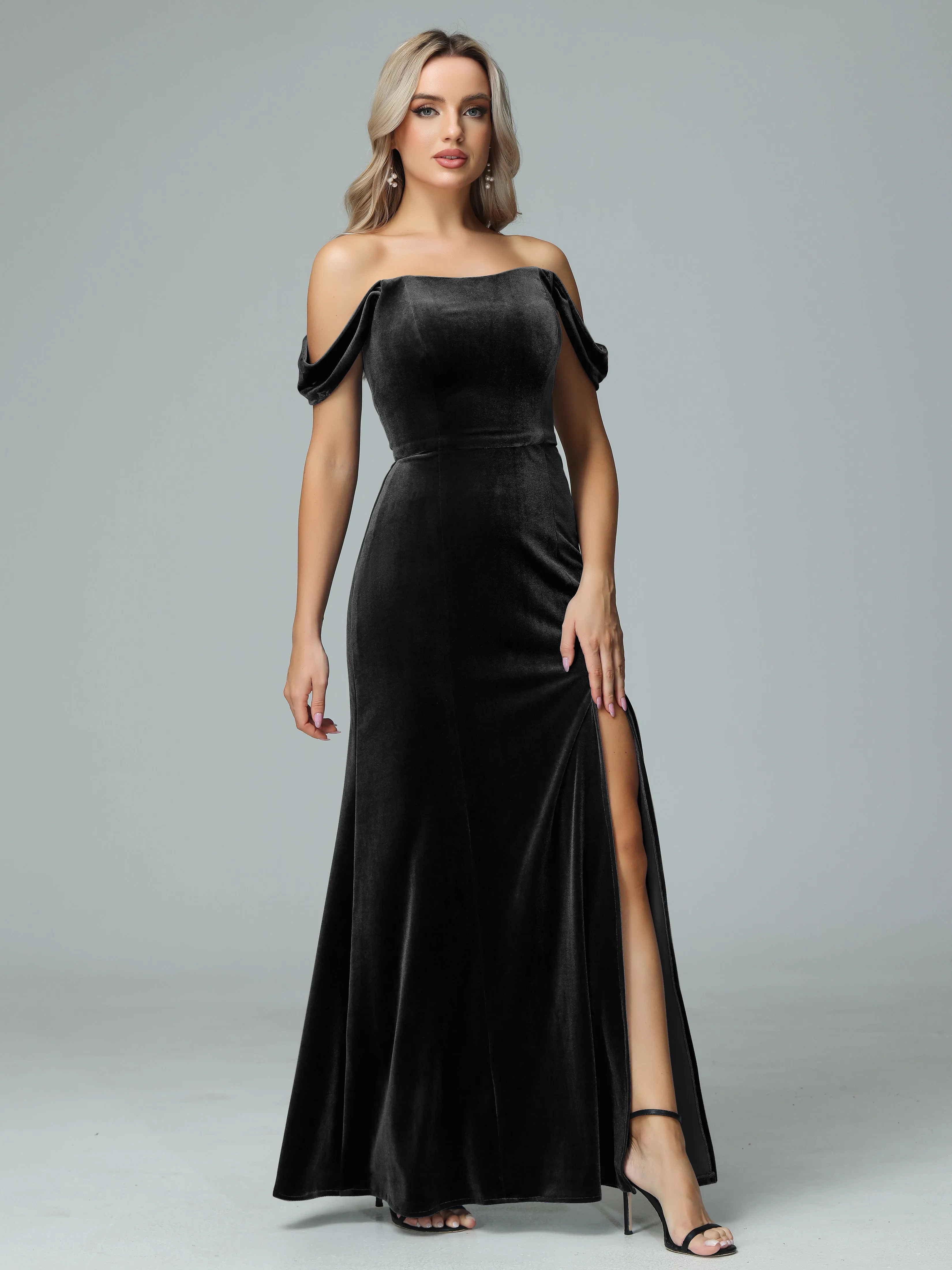 Off the Shoulder Column Velvet Bridesmaid Dresses with Slit
