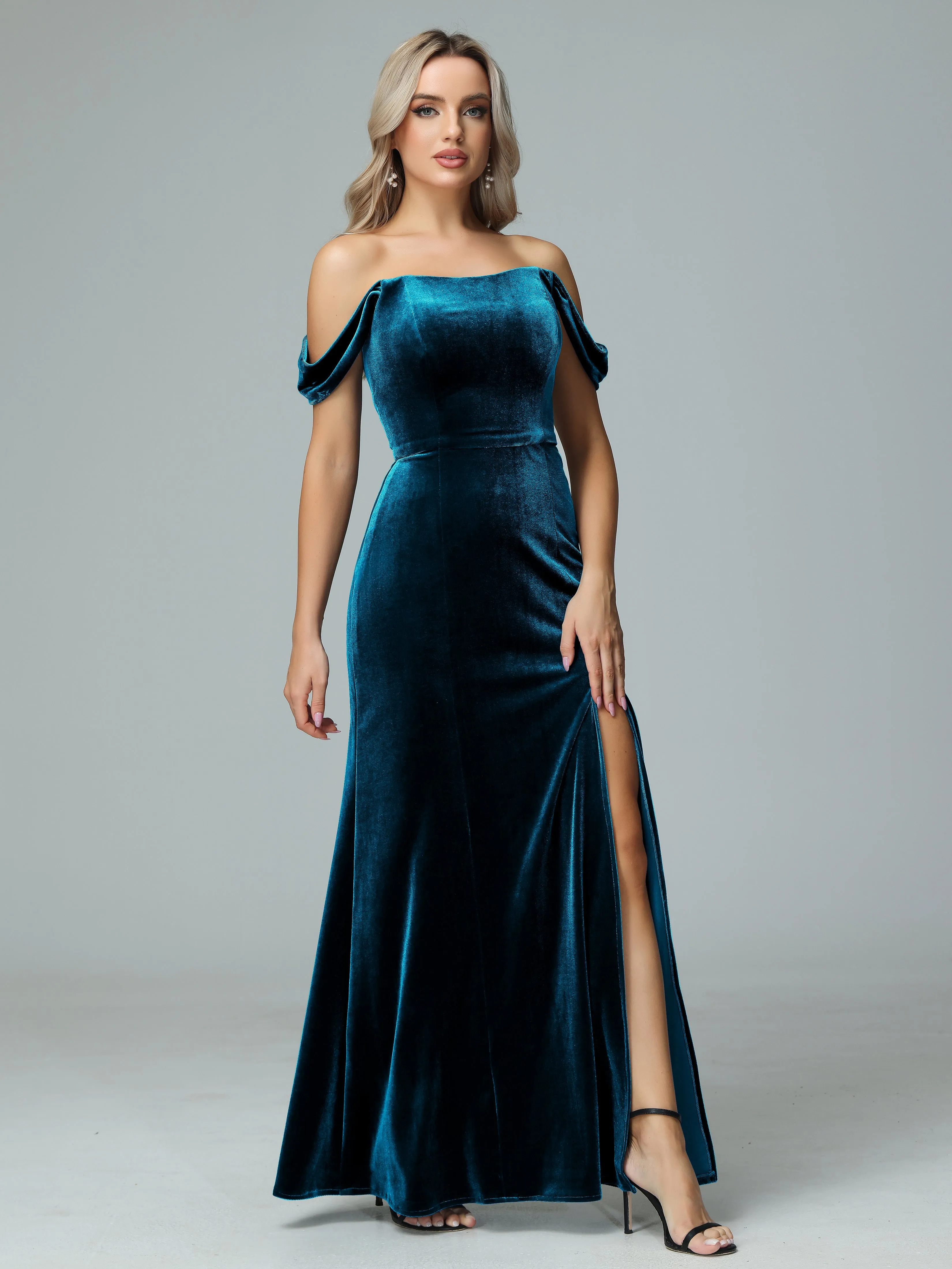 Off the Shoulder Column Velvet Bridesmaid Dresses with Slit