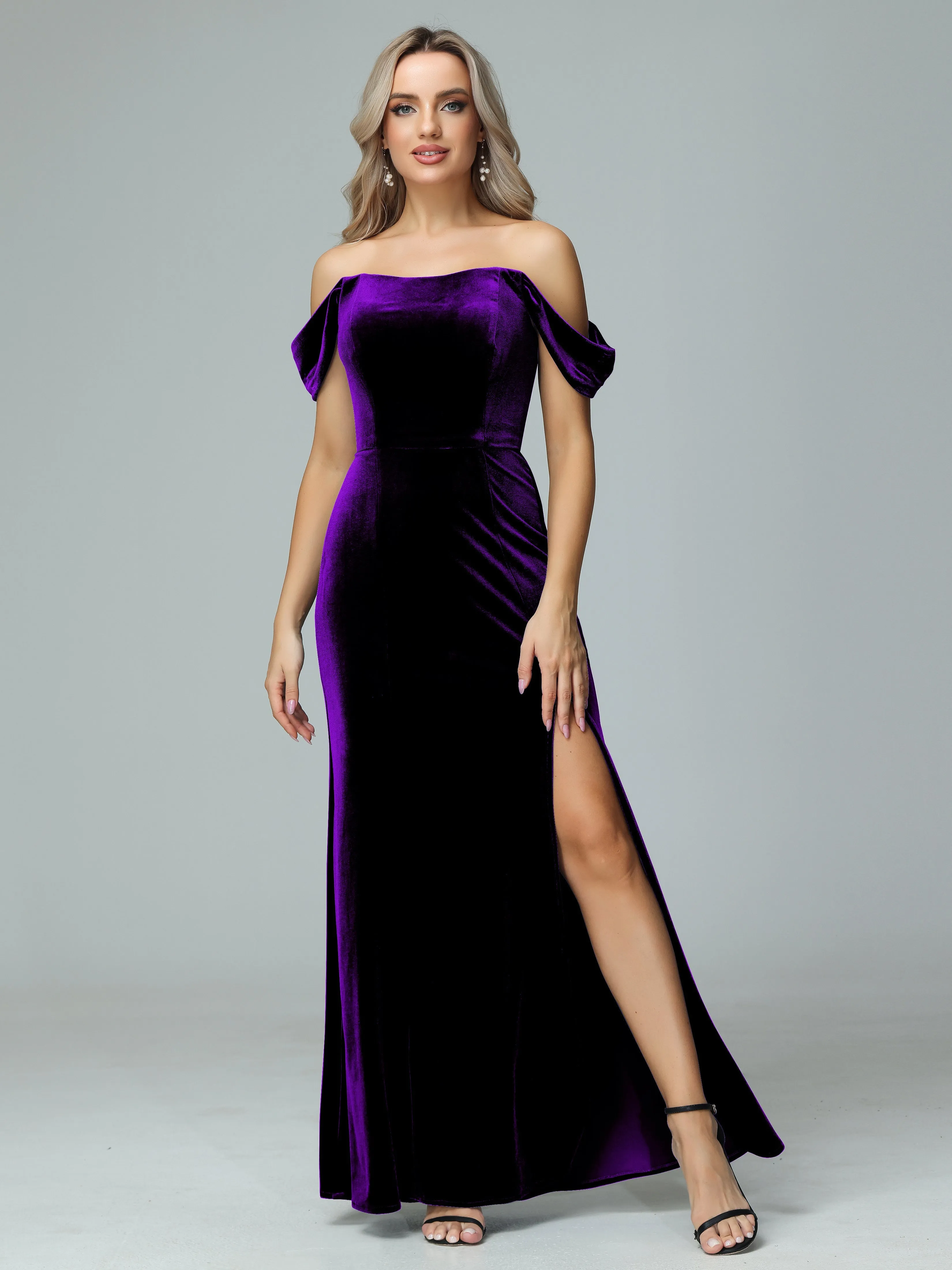Off the Shoulder Column Velvet Bridesmaid Dresses with Slit
