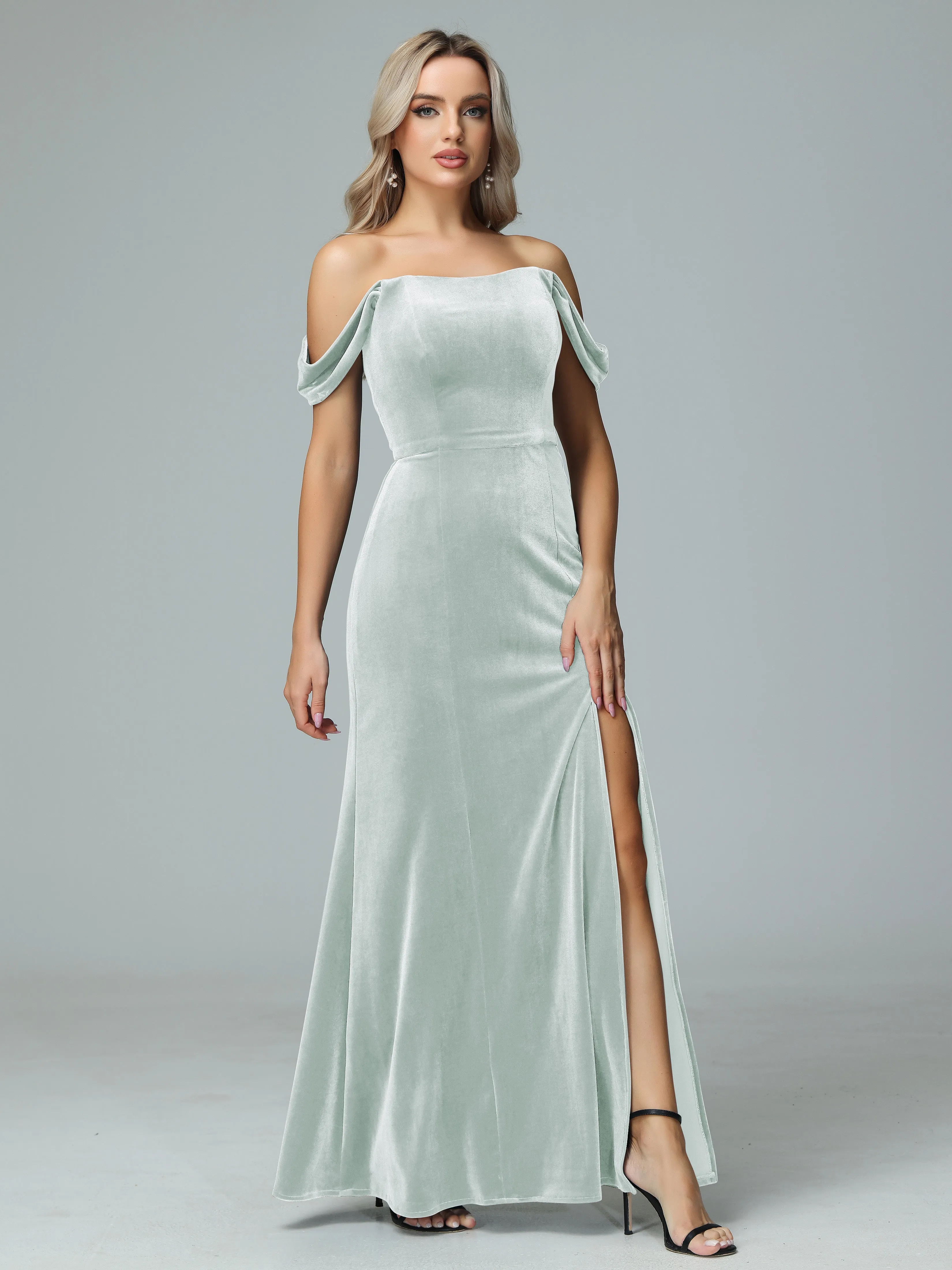 Off the Shoulder Column Velvet Bridesmaid Dresses with Slit