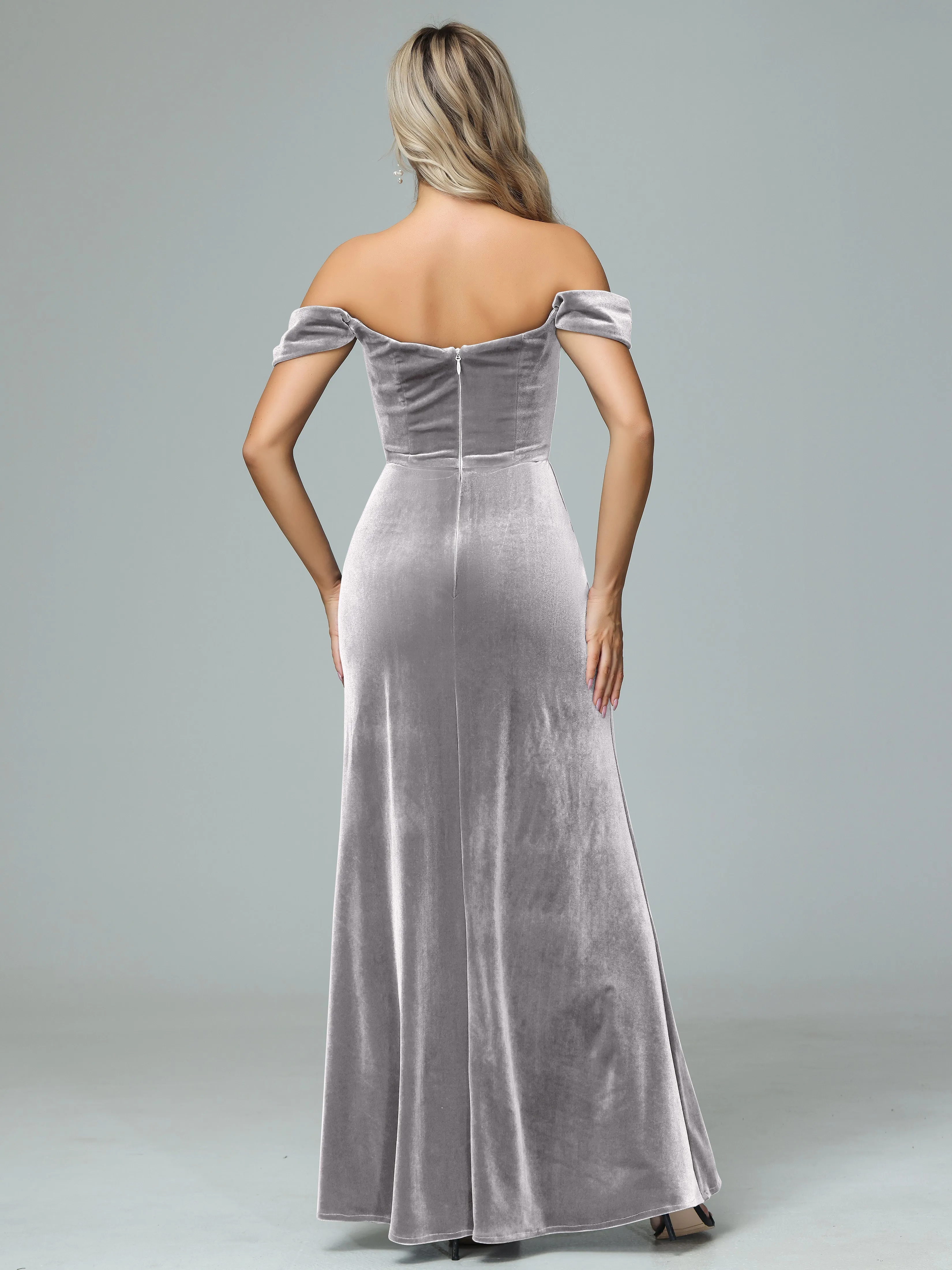Off the Shoulder Column Velvet Bridesmaid Dresses with Slit