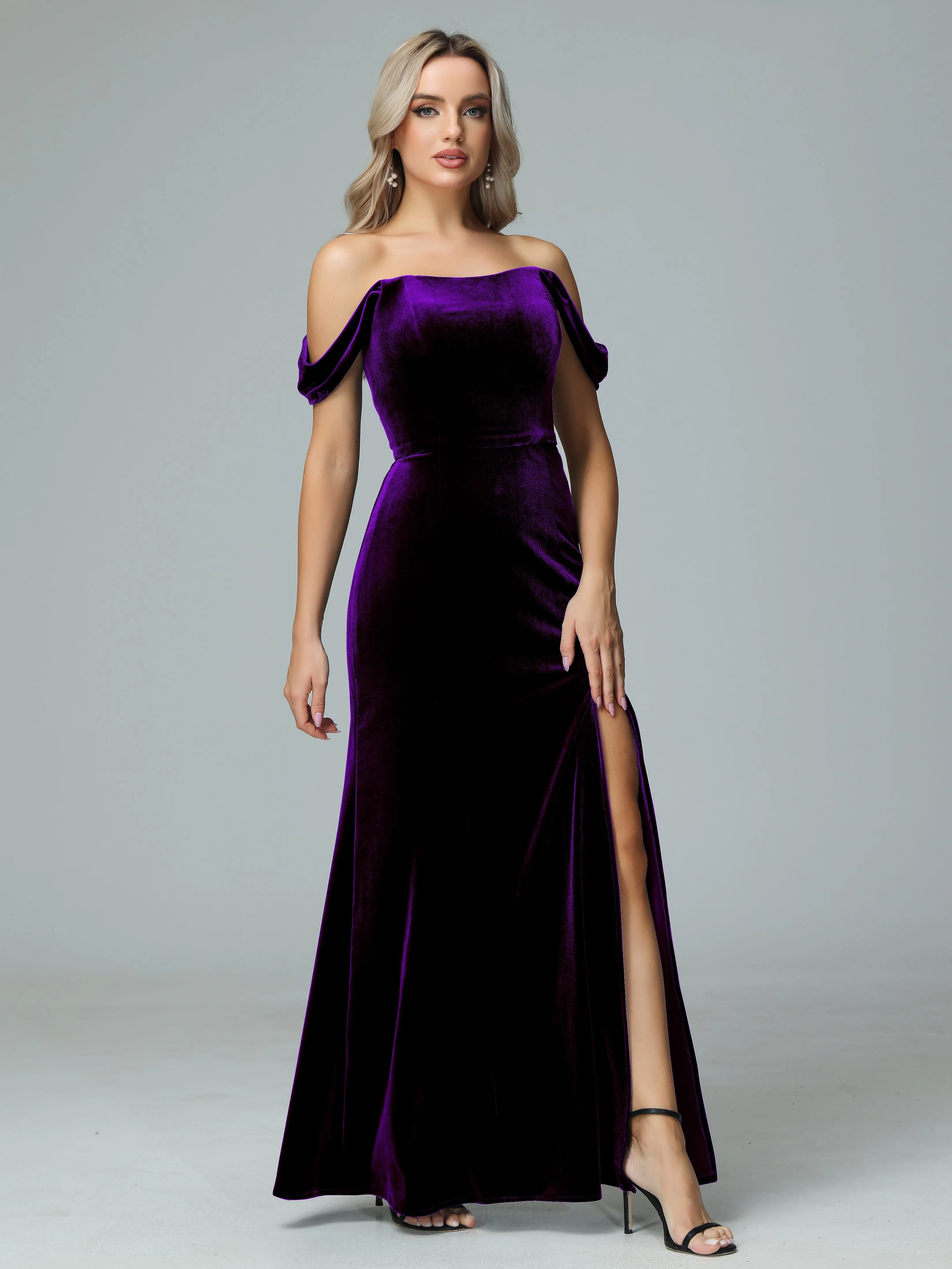 Off the Shoulder Column Velvet Bridesmaid Dresses with Slit