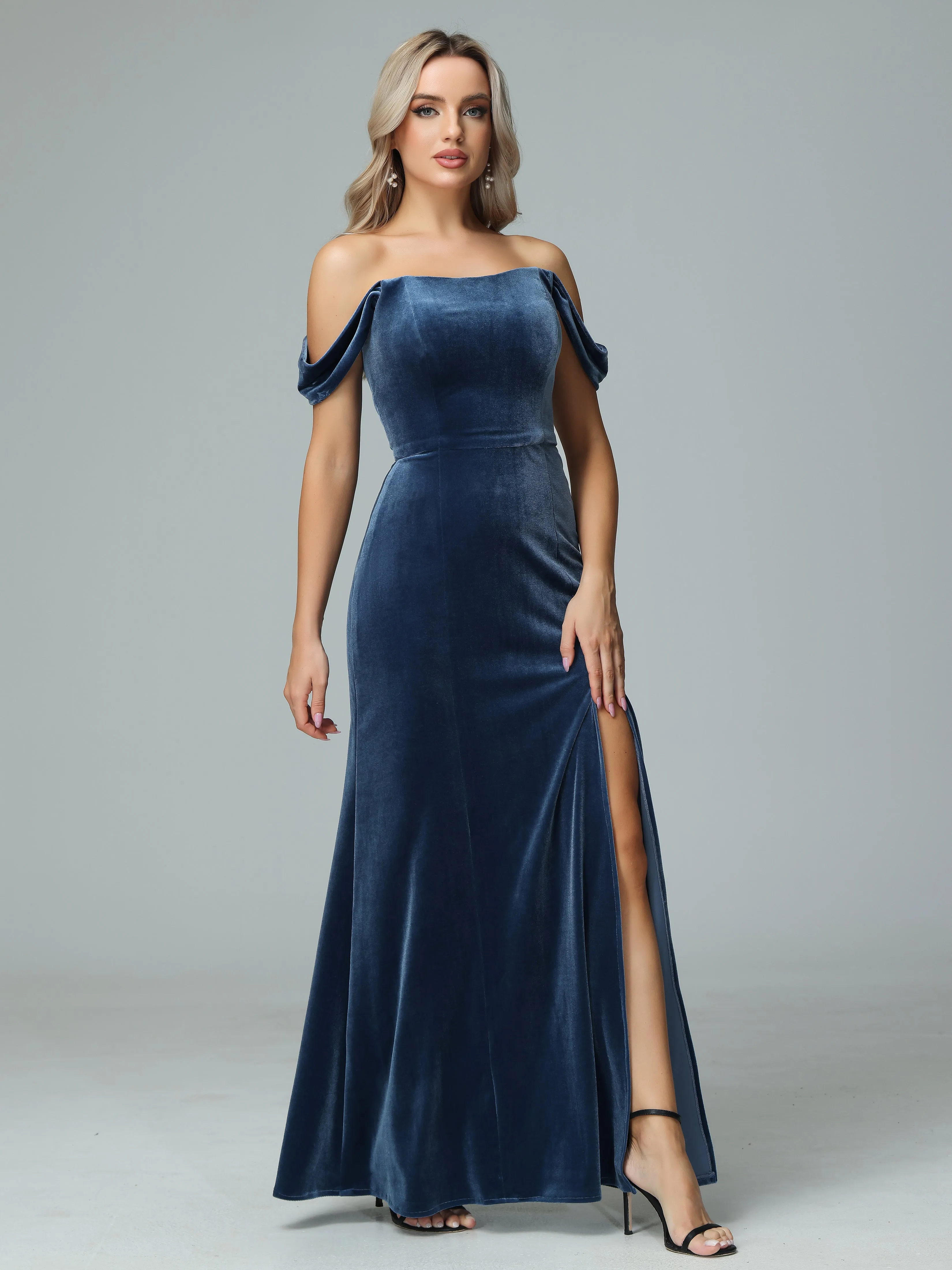 Off the Shoulder Column Velvet Bridesmaid Dresses with Slit