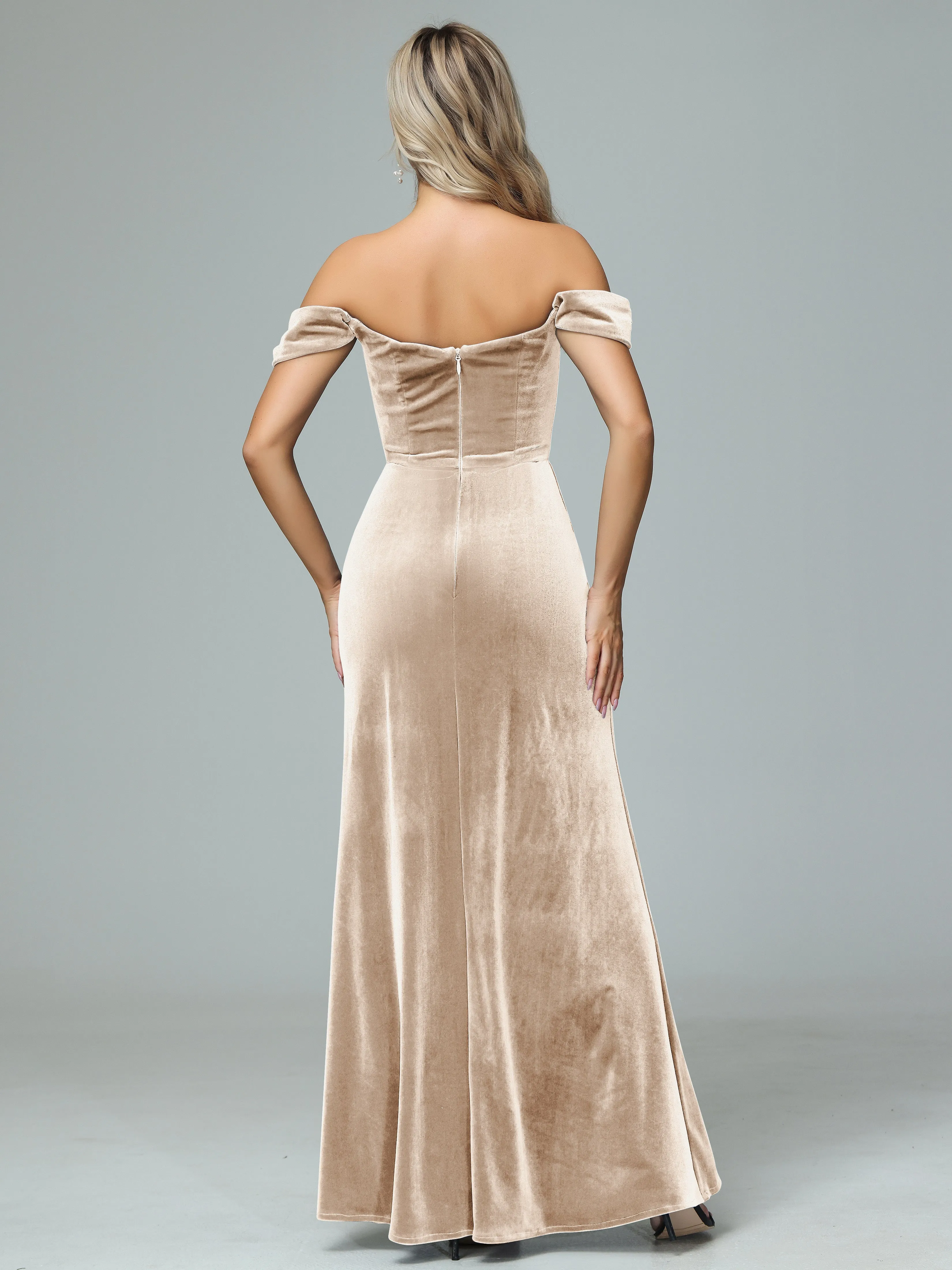 Off the Shoulder Column Velvet Bridesmaid Dresses with Slit
