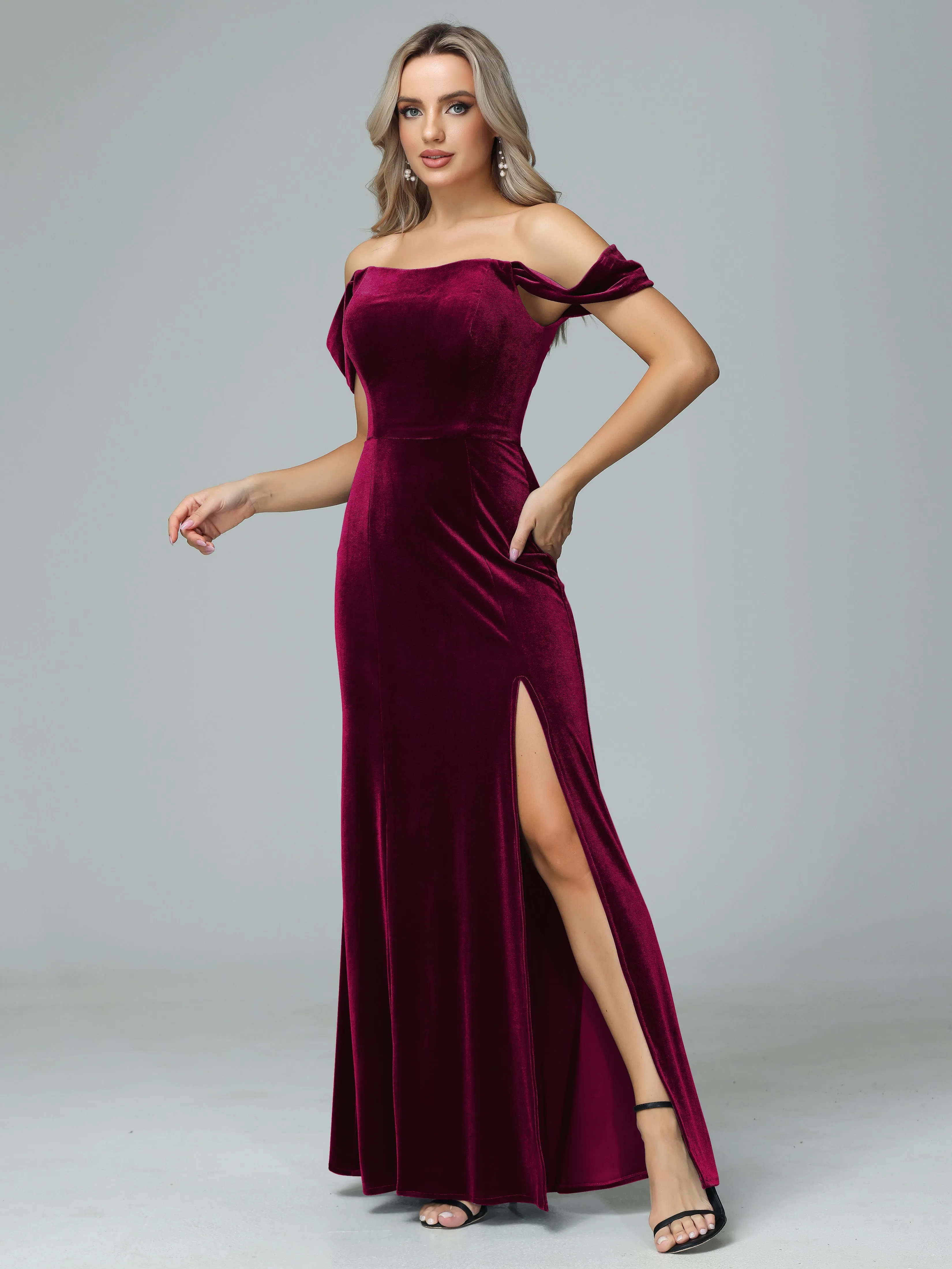 Off the Shoulder Column Velvet Bridesmaid Dresses with Slit
