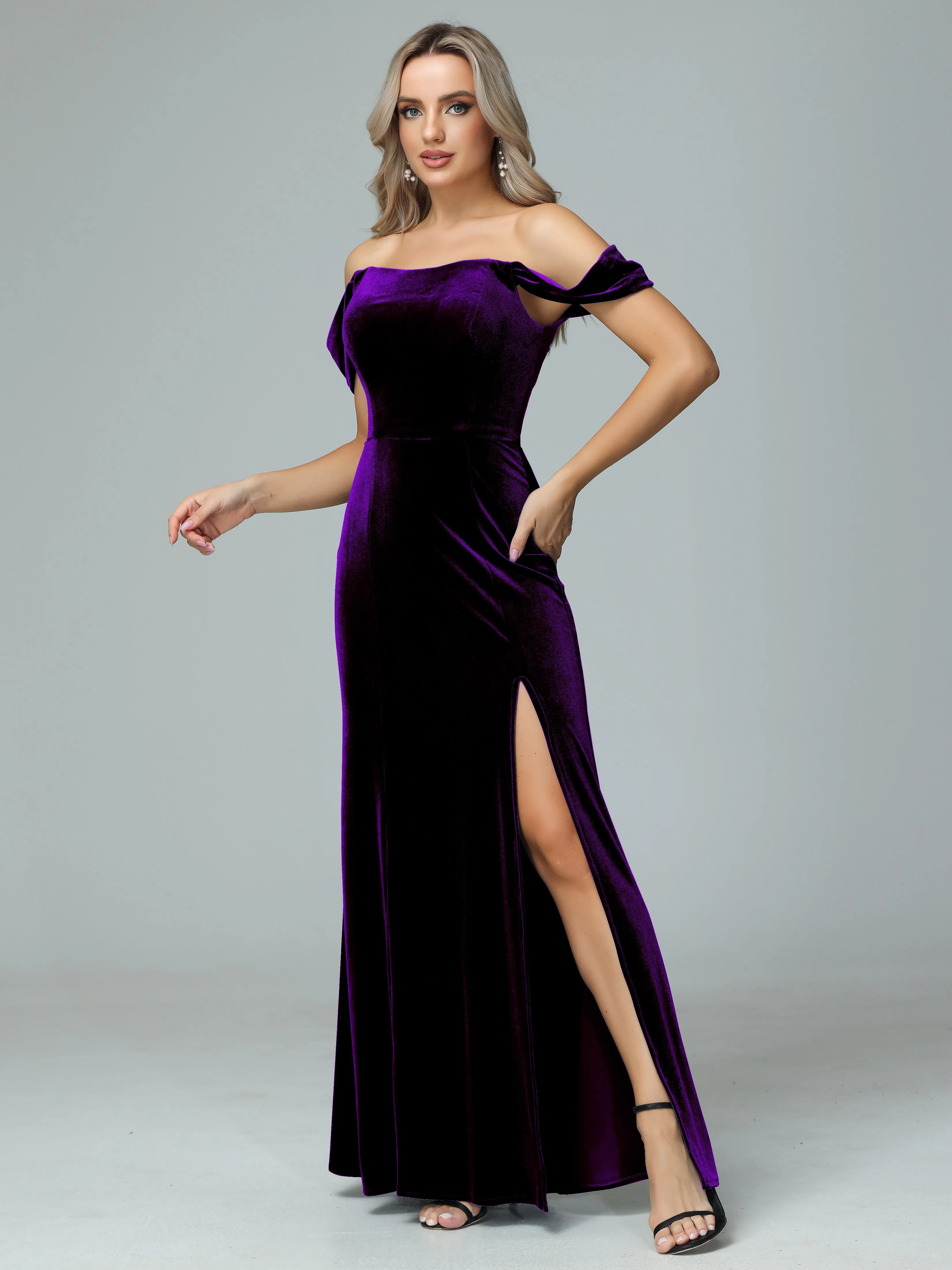 Off the Shoulder Column Velvet Bridesmaid Dresses with Slit