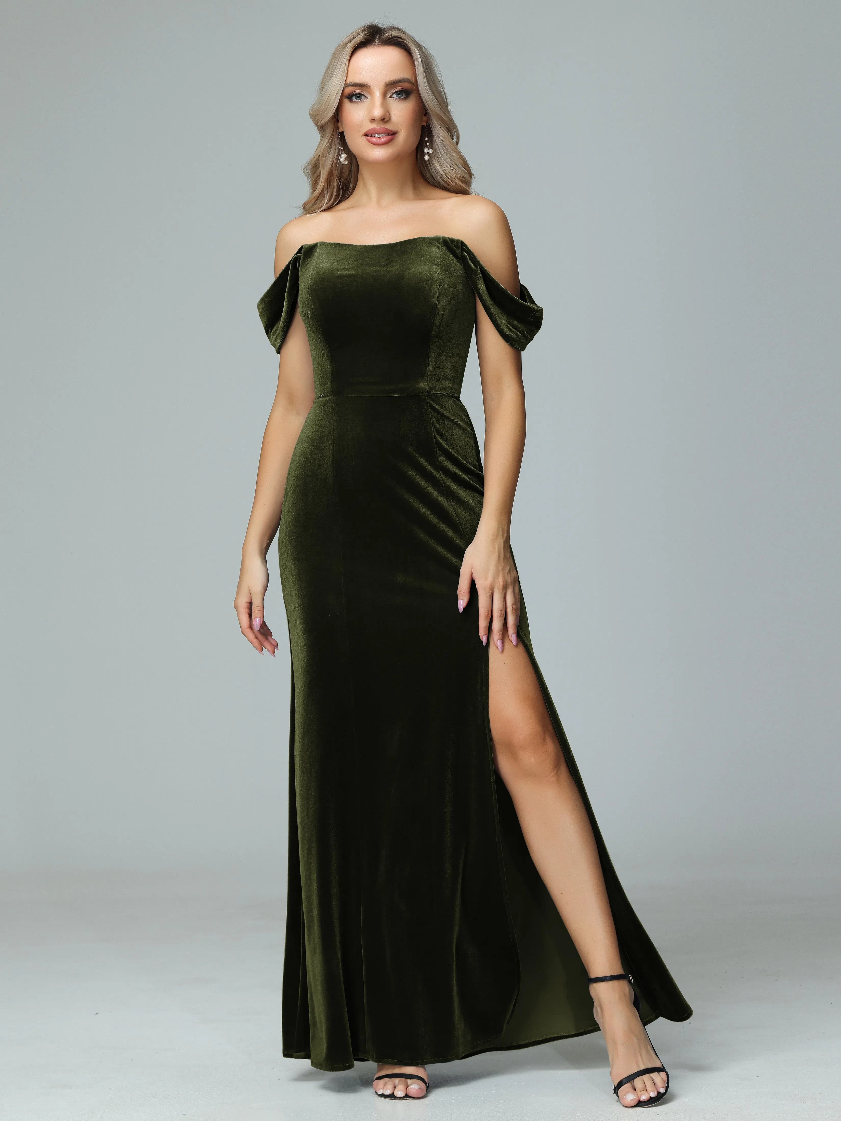 Off the Shoulder Column Velvet Bridesmaid Dresses with Slit