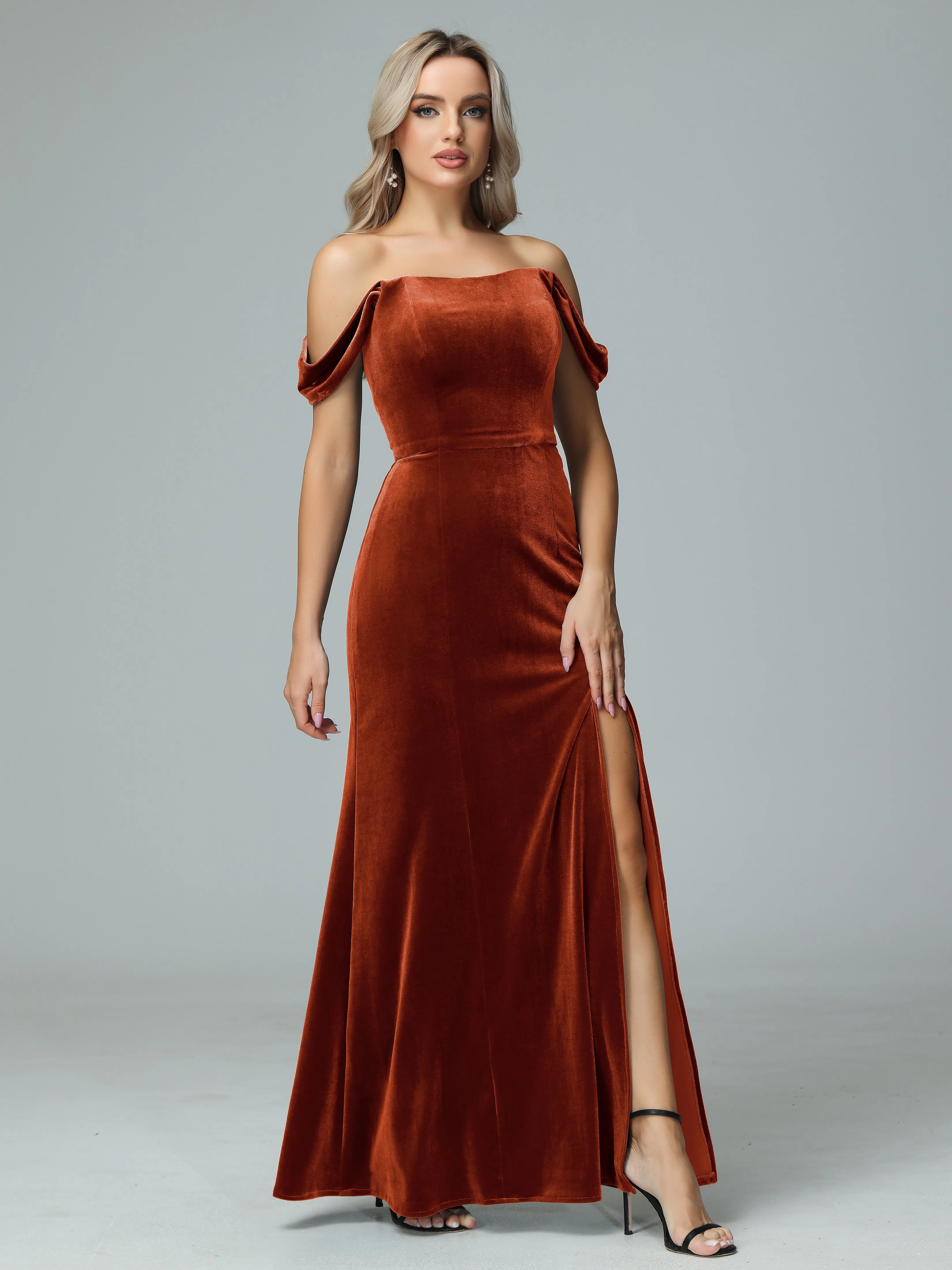 Off the Shoulder Column Velvet Bridesmaid Dresses with Slit