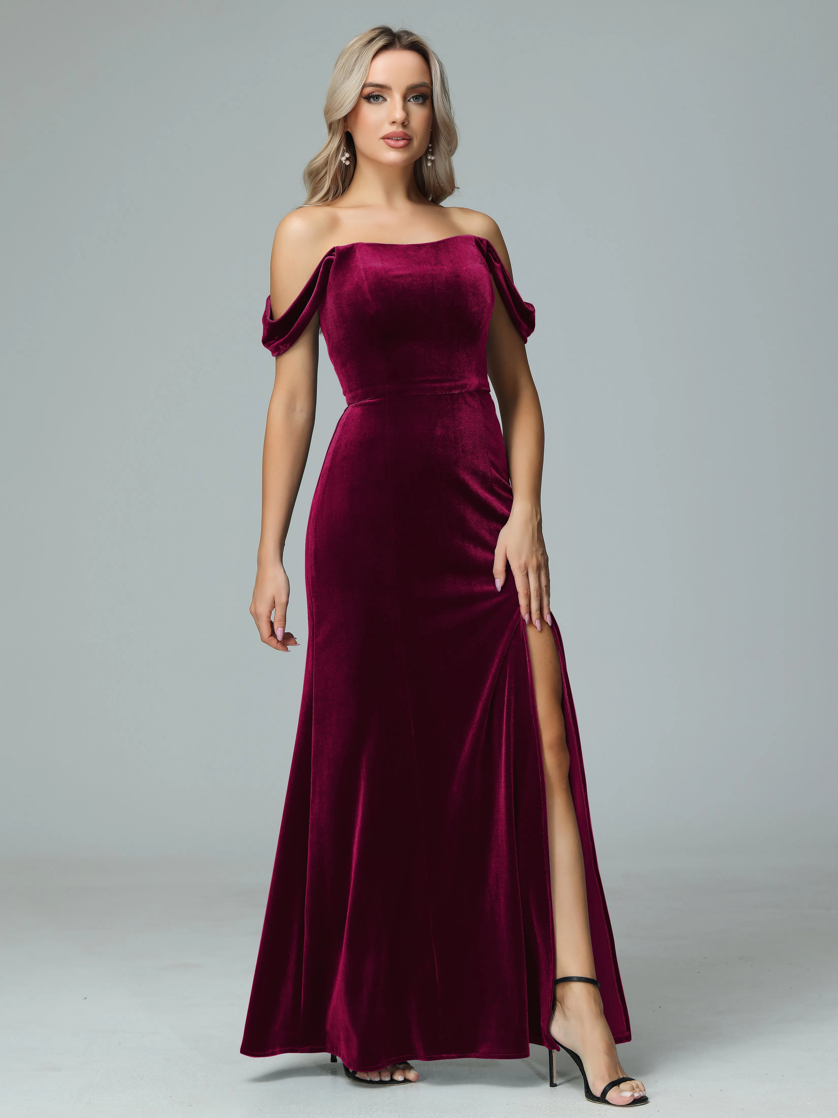 Off the Shoulder Column Velvet Bridesmaid Dresses with Slit