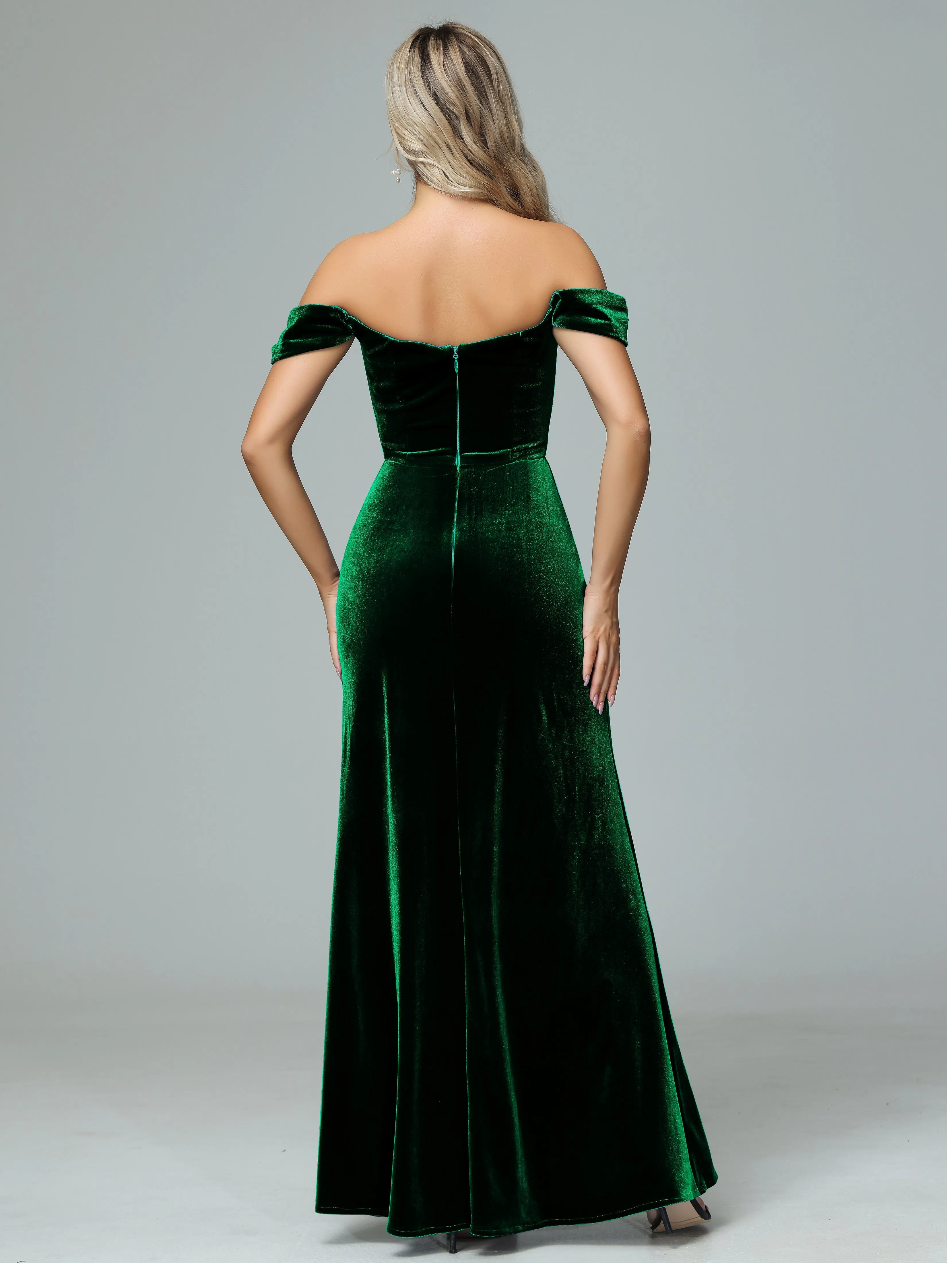 Off the Shoulder Column Velvet Bridesmaid Dresses with Slit