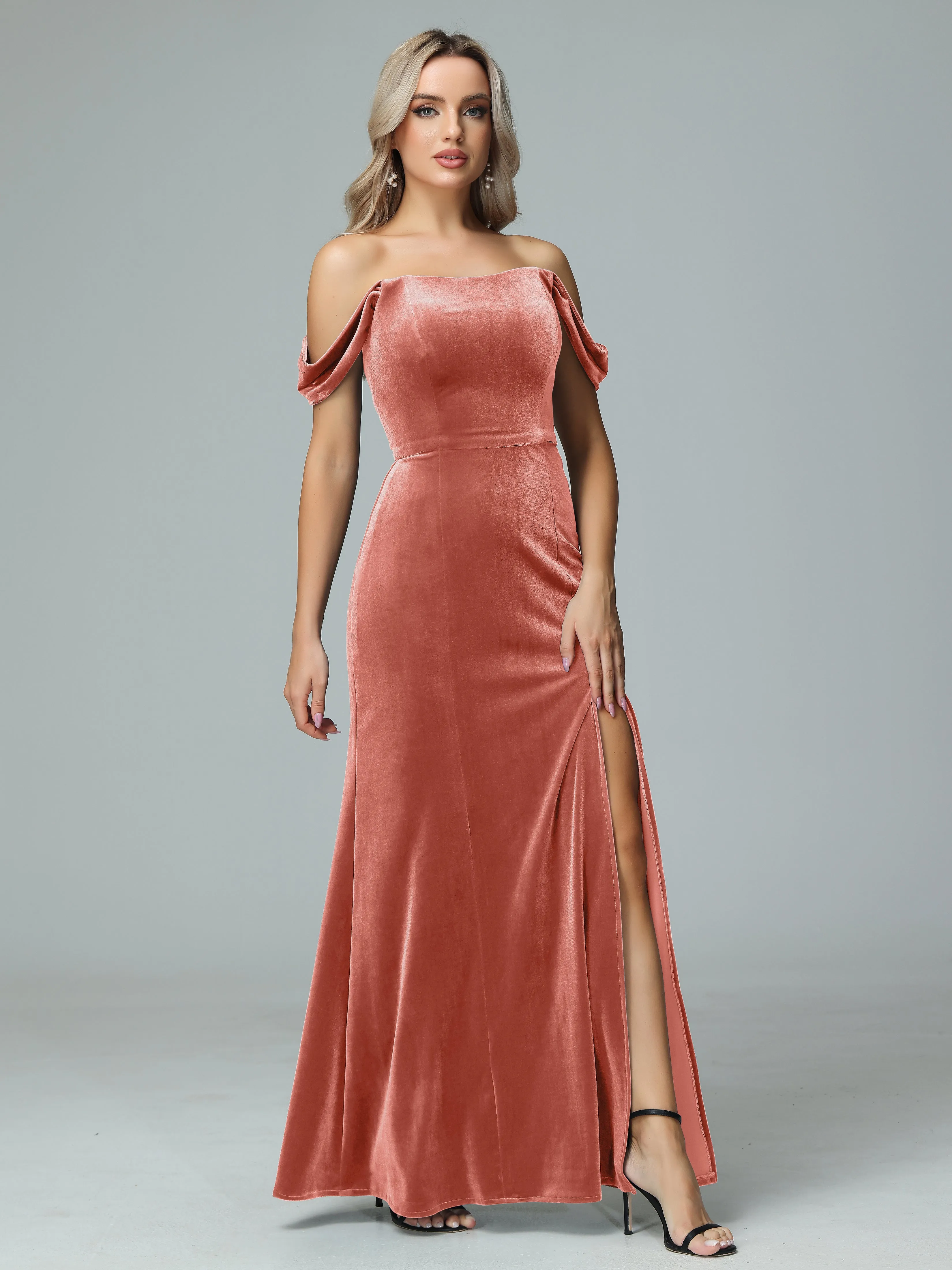 Off the Shoulder Column Velvet Bridesmaid Dresses with Slit
