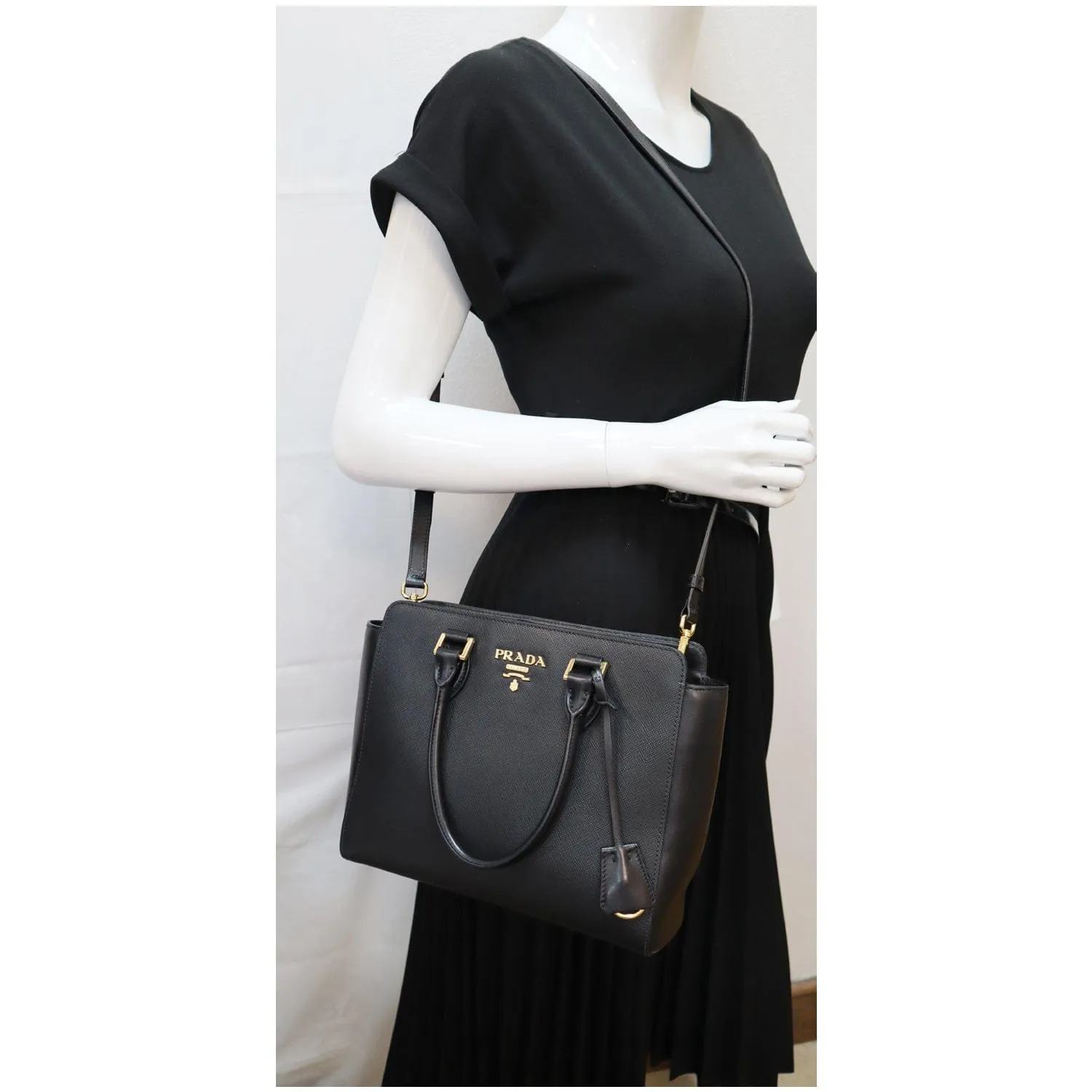 PRADA Top Handle Saffiano Leather Tote Crossbody Bag Black