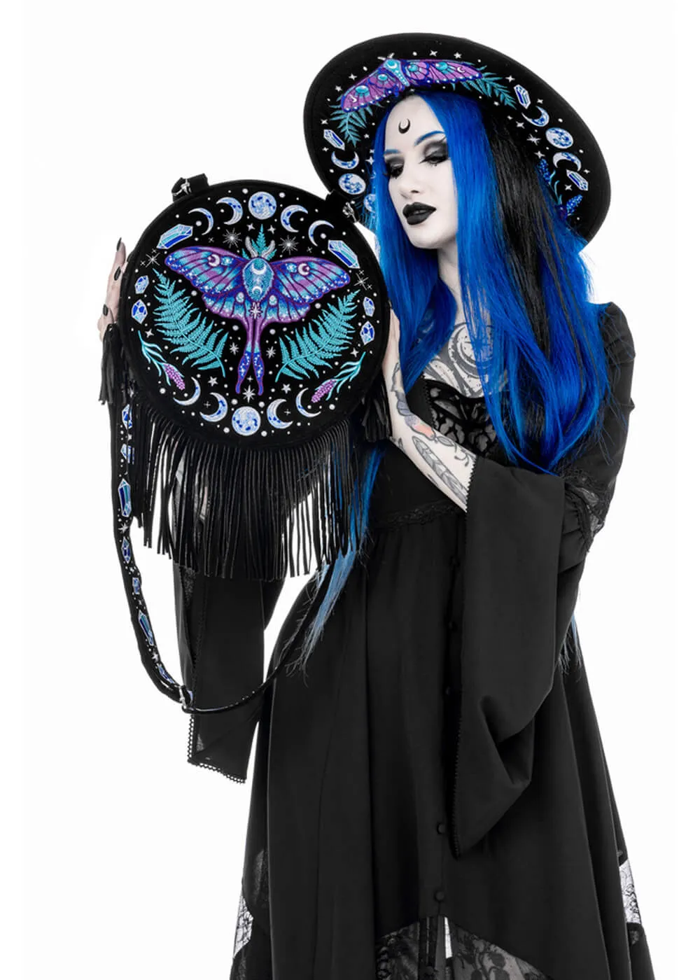 Restyle Enchanted Forest Moth Fern Round Bag Black