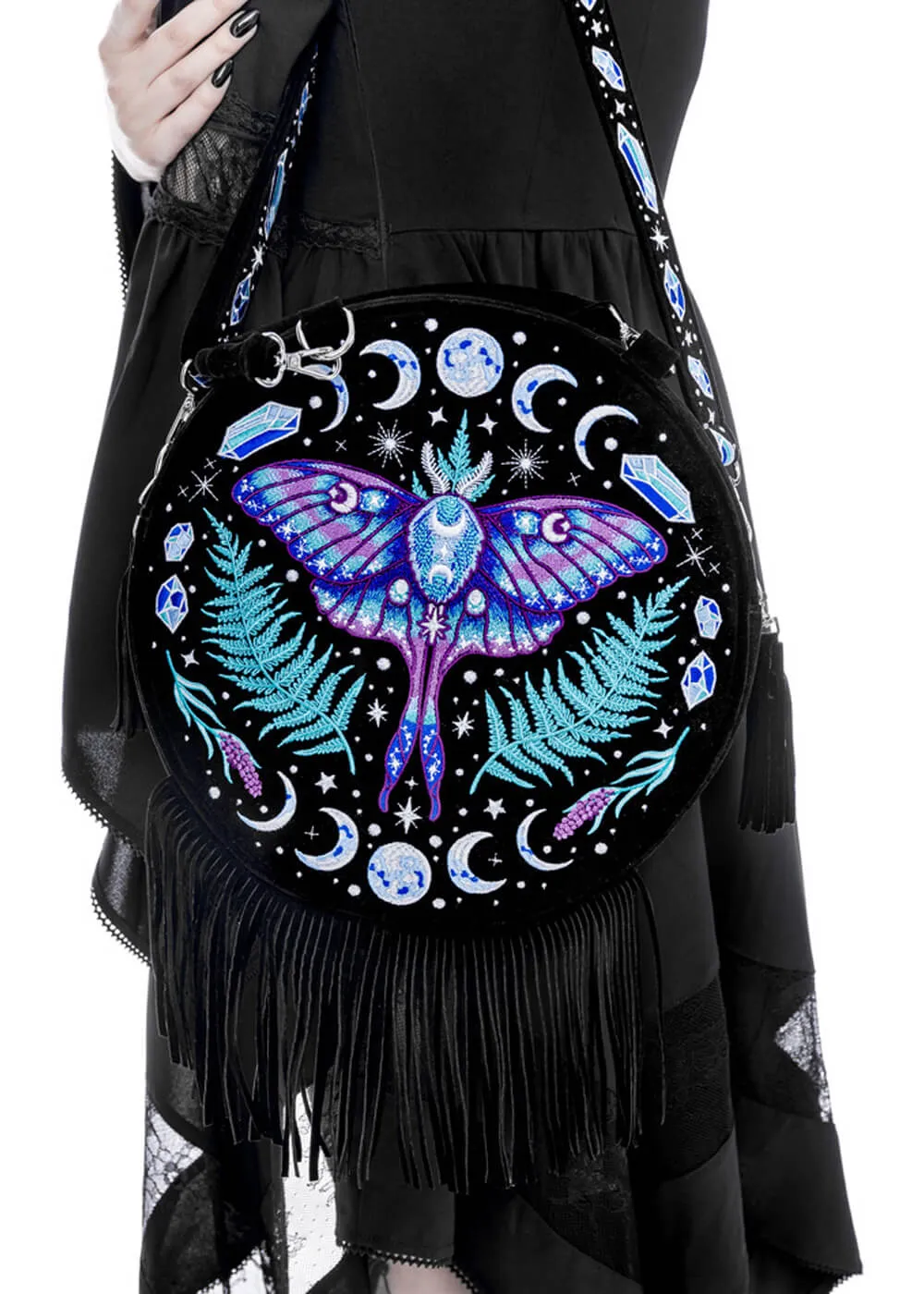 Restyle Enchanted Forest Moth Fern Round Bag Black