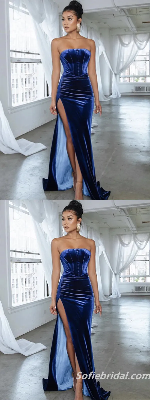 Simple Royal Blue Velvet Strapless Long Prom Dresses With Split,SFPD0213
