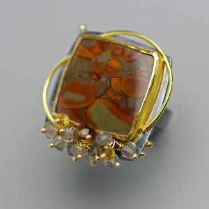 Sold! Peanut Jasper Ring with Gold Circles and Labradorite Fringe. Size 6.