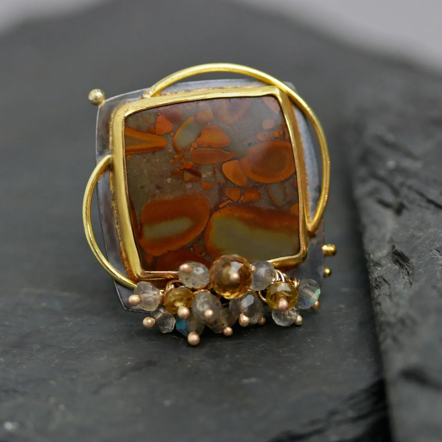 Sold! Peanut Jasper Ring with Gold Circles and Labradorite Fringe. Size 6.