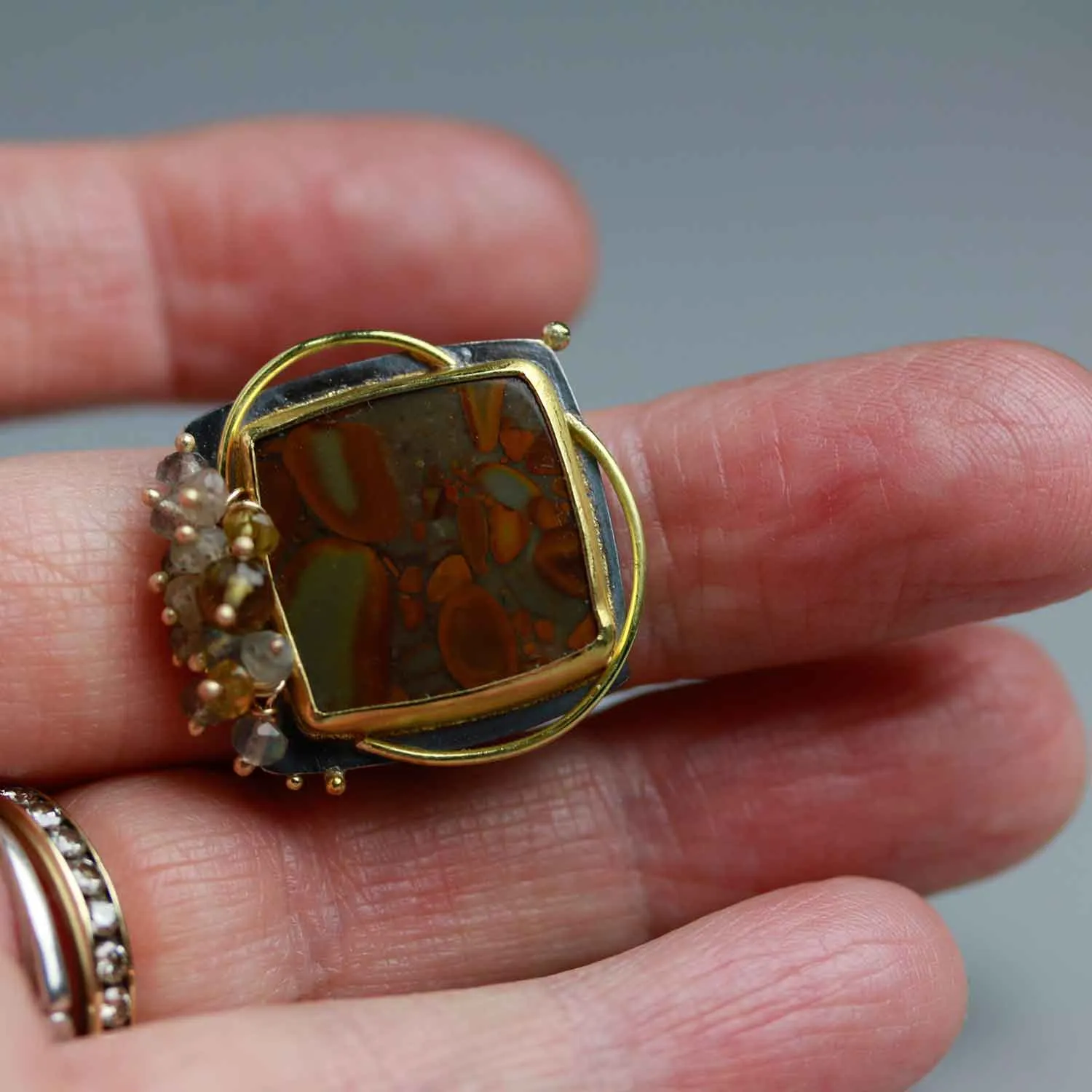 Sold! Peanut Jasper Ring with Gold Circles and Labradorite Fringe. Size 6.