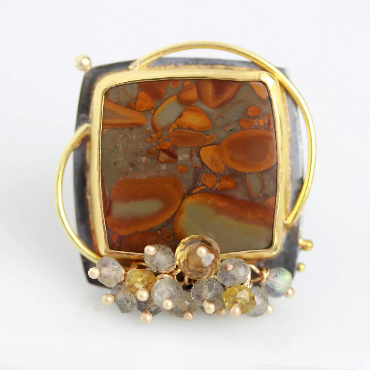 Sold! Peanut Jasper Ring with Gold Circles and Labradorite Fringe. Size 6.