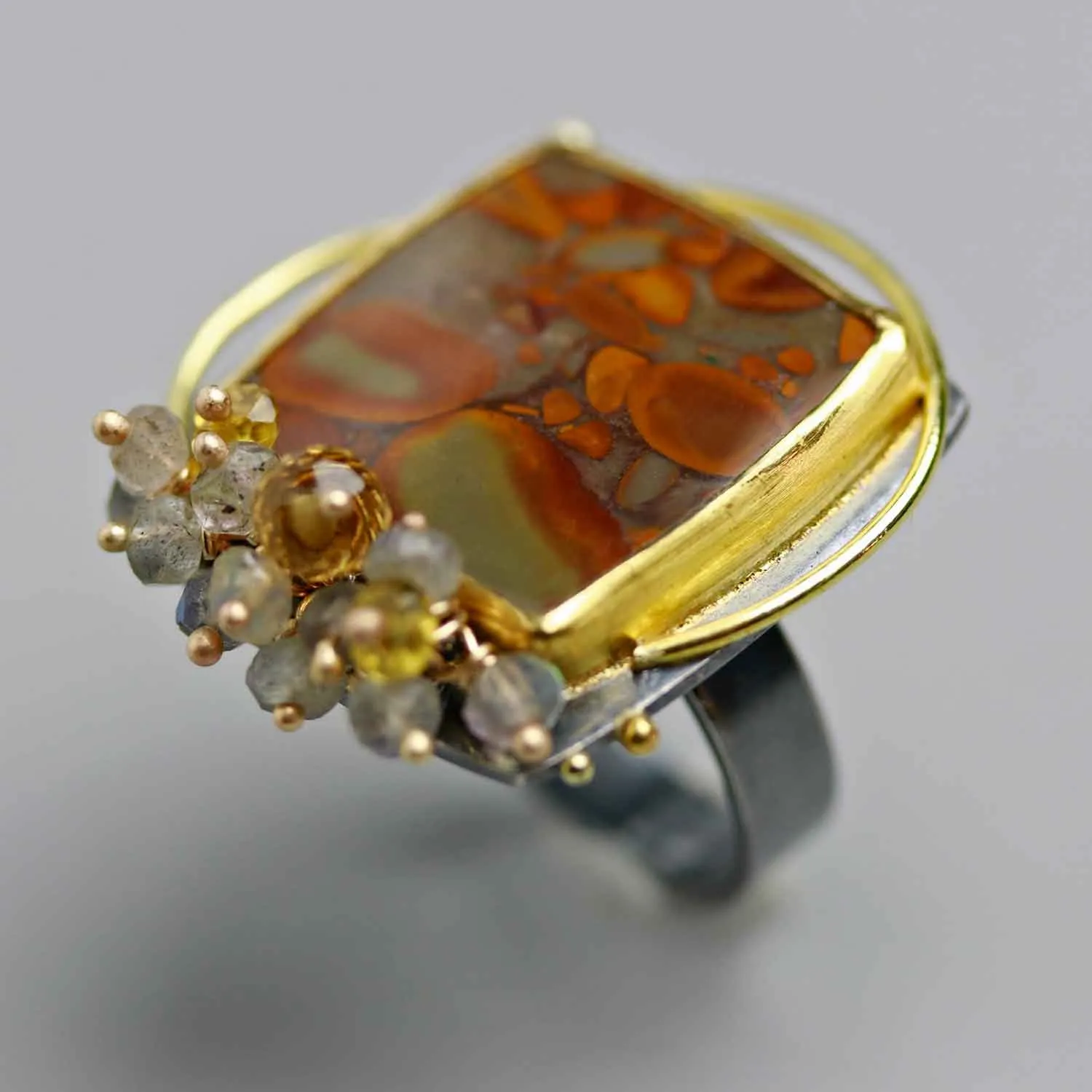 Sold! Peanut Jasper Ring with Gold Circles and Labradorite Fringe. Size 6.