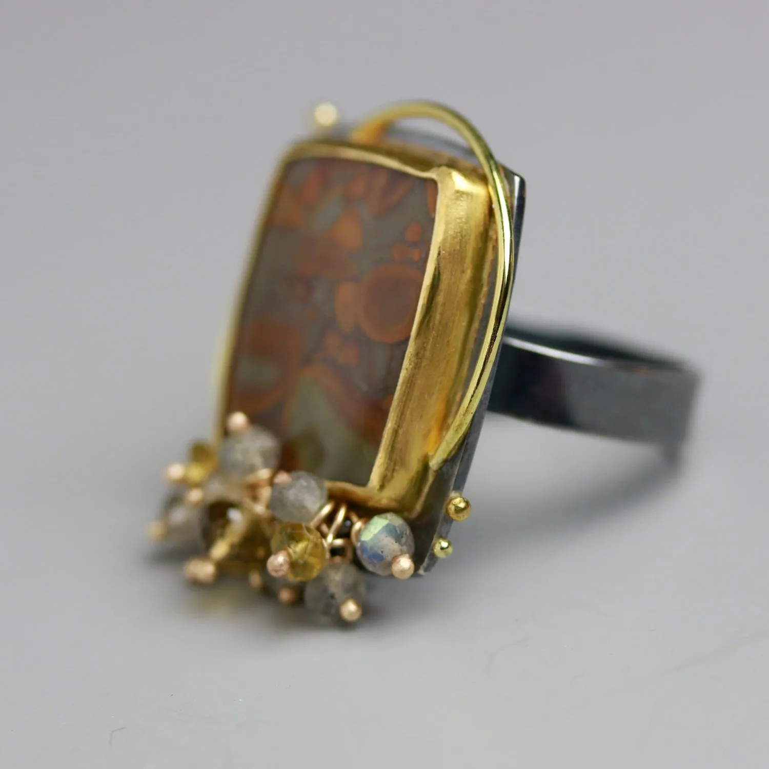 Sold! Peanut Jasper Ring with Gold Circles and Labradorite Fringe. Size 6.