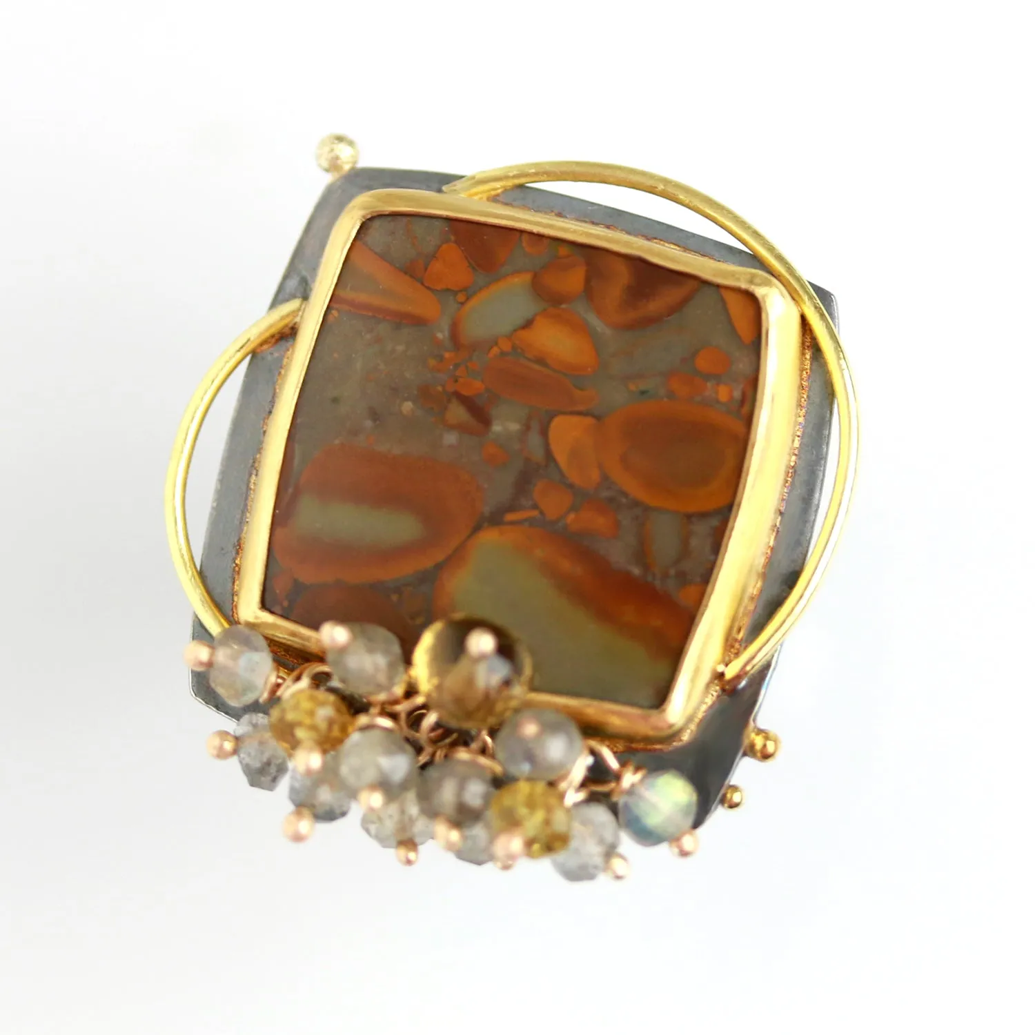 Sold! Peanut Jasper Ring with Gold Circles and Labradorite Fringe. Size 6.