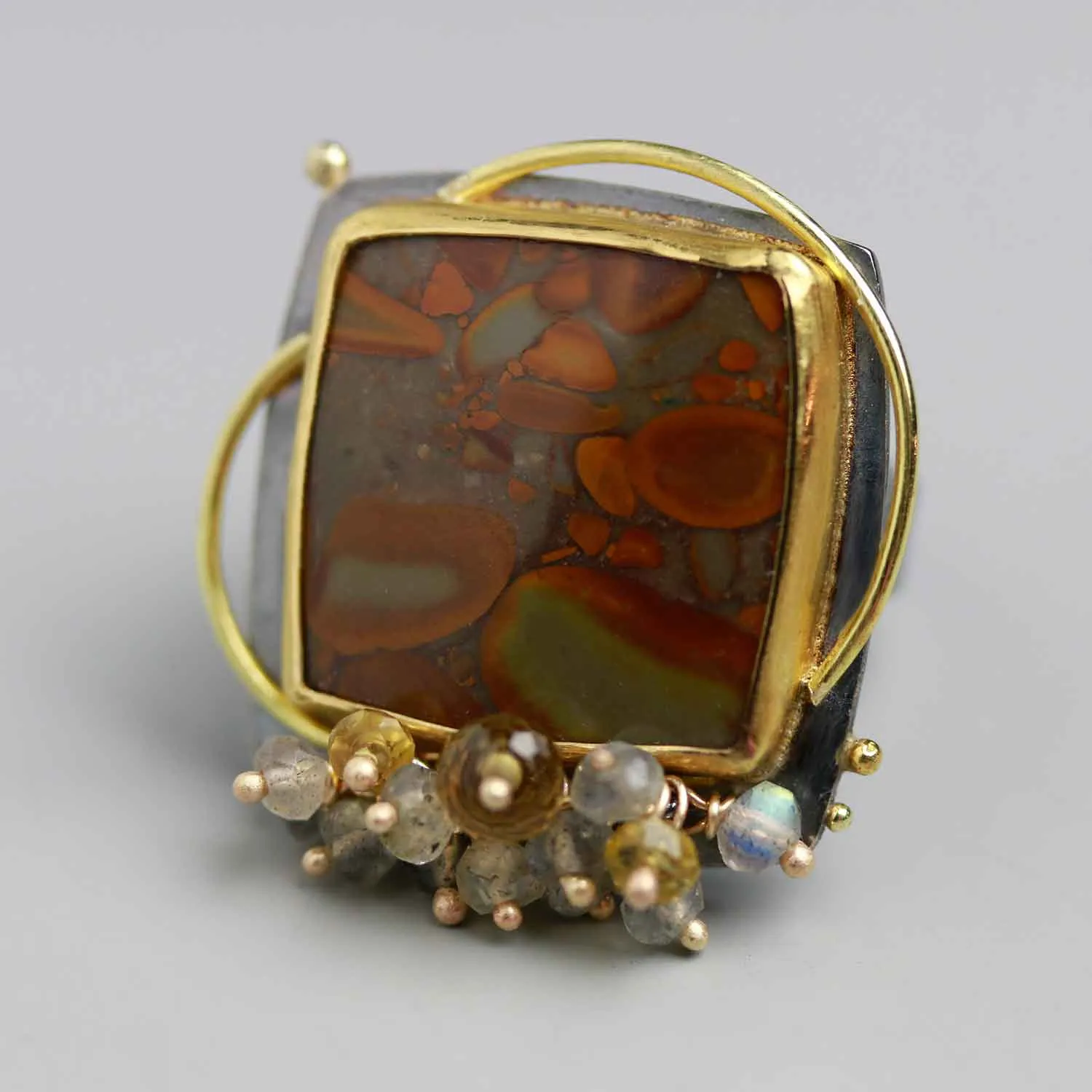 Sold! Peanut Jasper Ring with Gold Circles and Labradorite Fringe. Size 6.
