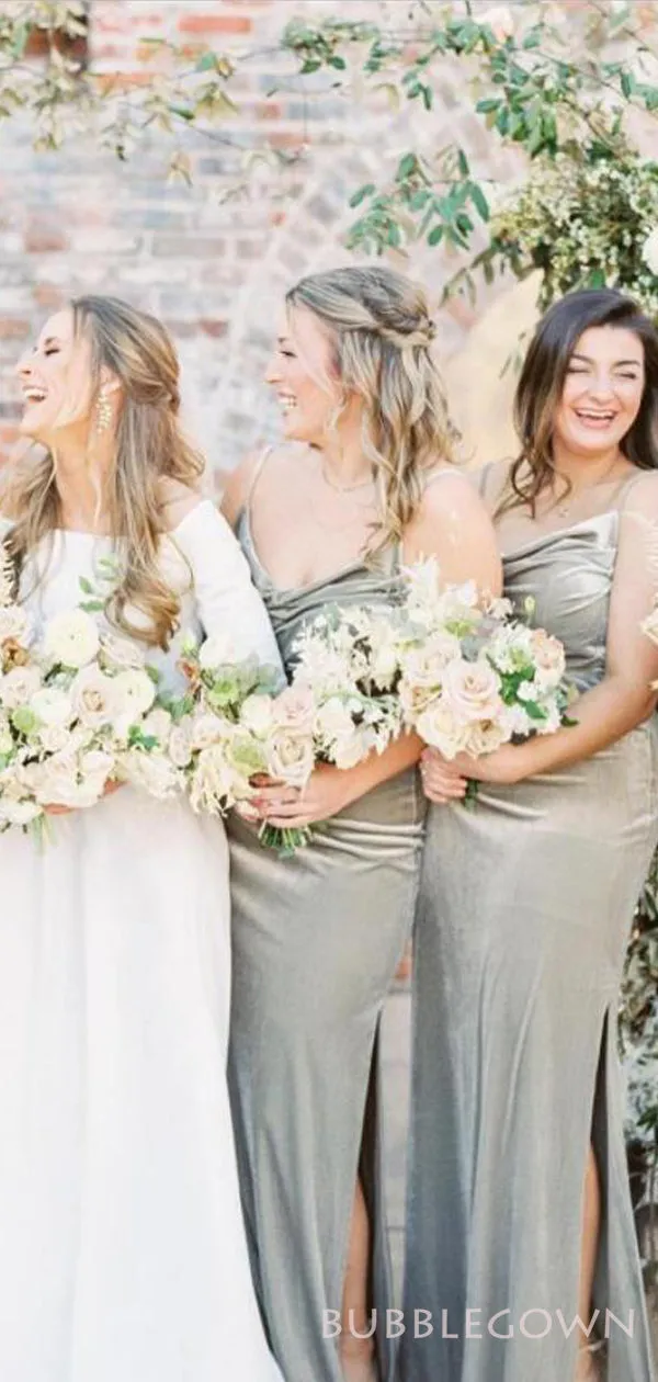 Spaghetti Straps Velvet Cowl Neck Long Column Bridesmaid Dresses , BN1052