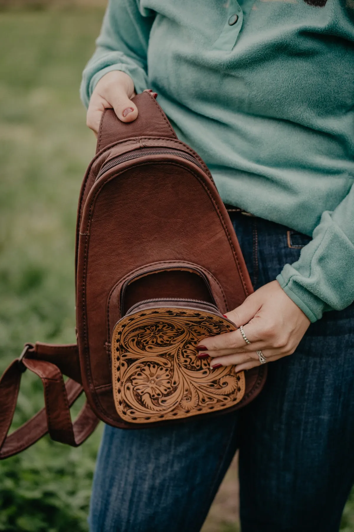 Tooled Leather Sling Bag
