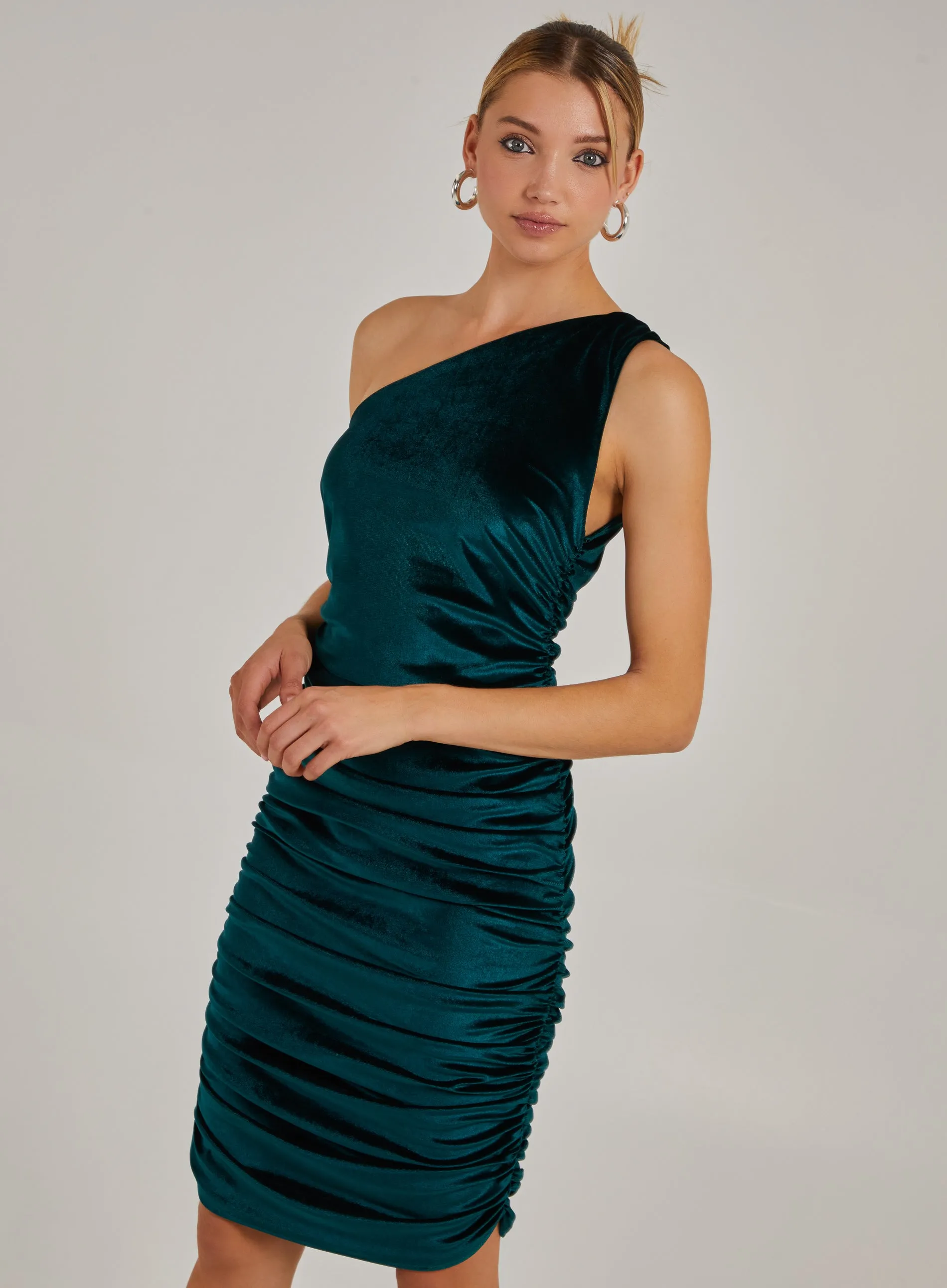 Velvet Ruched One Shoulder Midi Dress