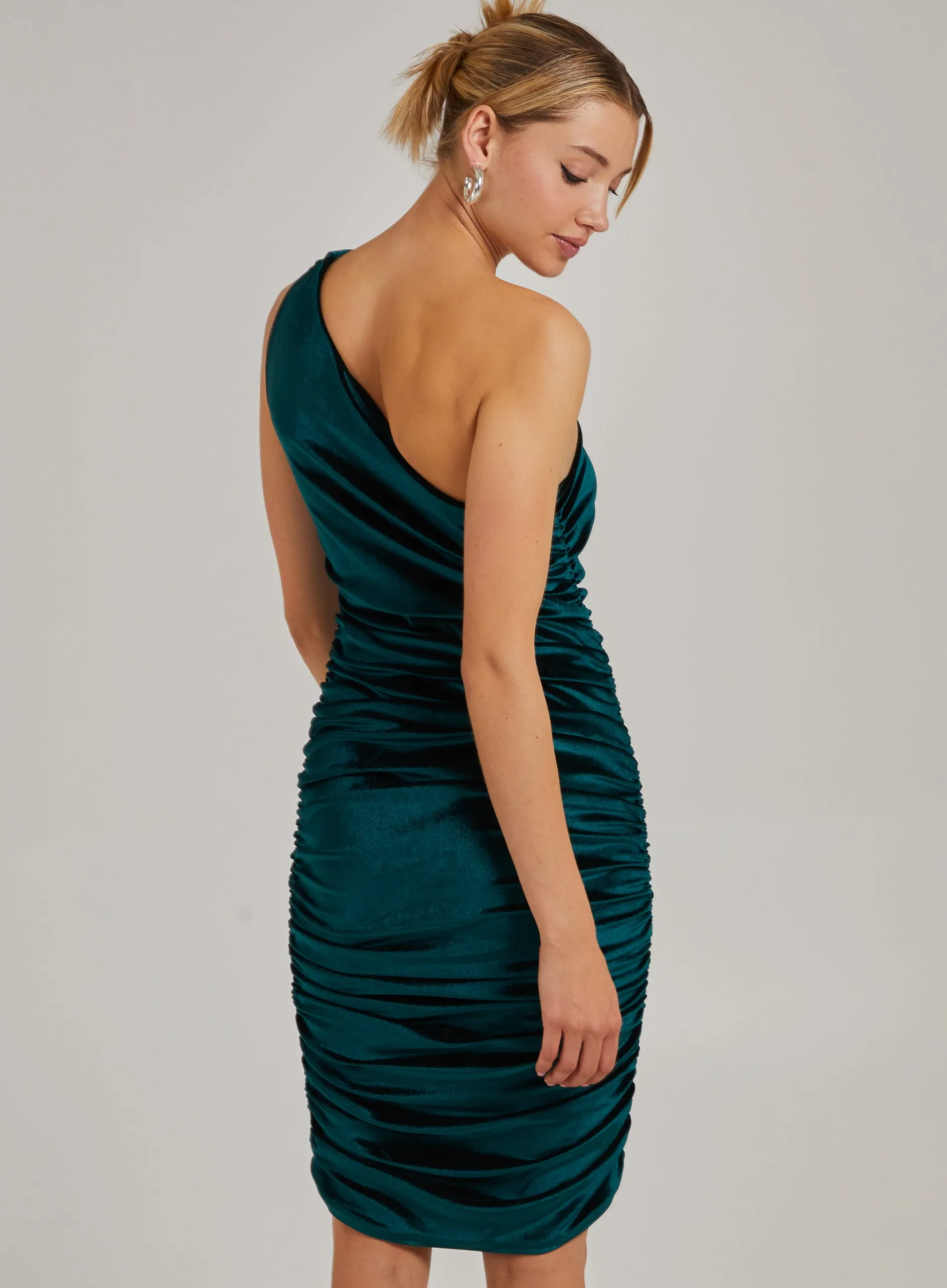 Velvet Ruched One Shoulder Midi Dress