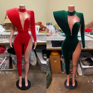 Velvet Structure Shoulder Jumpsuit