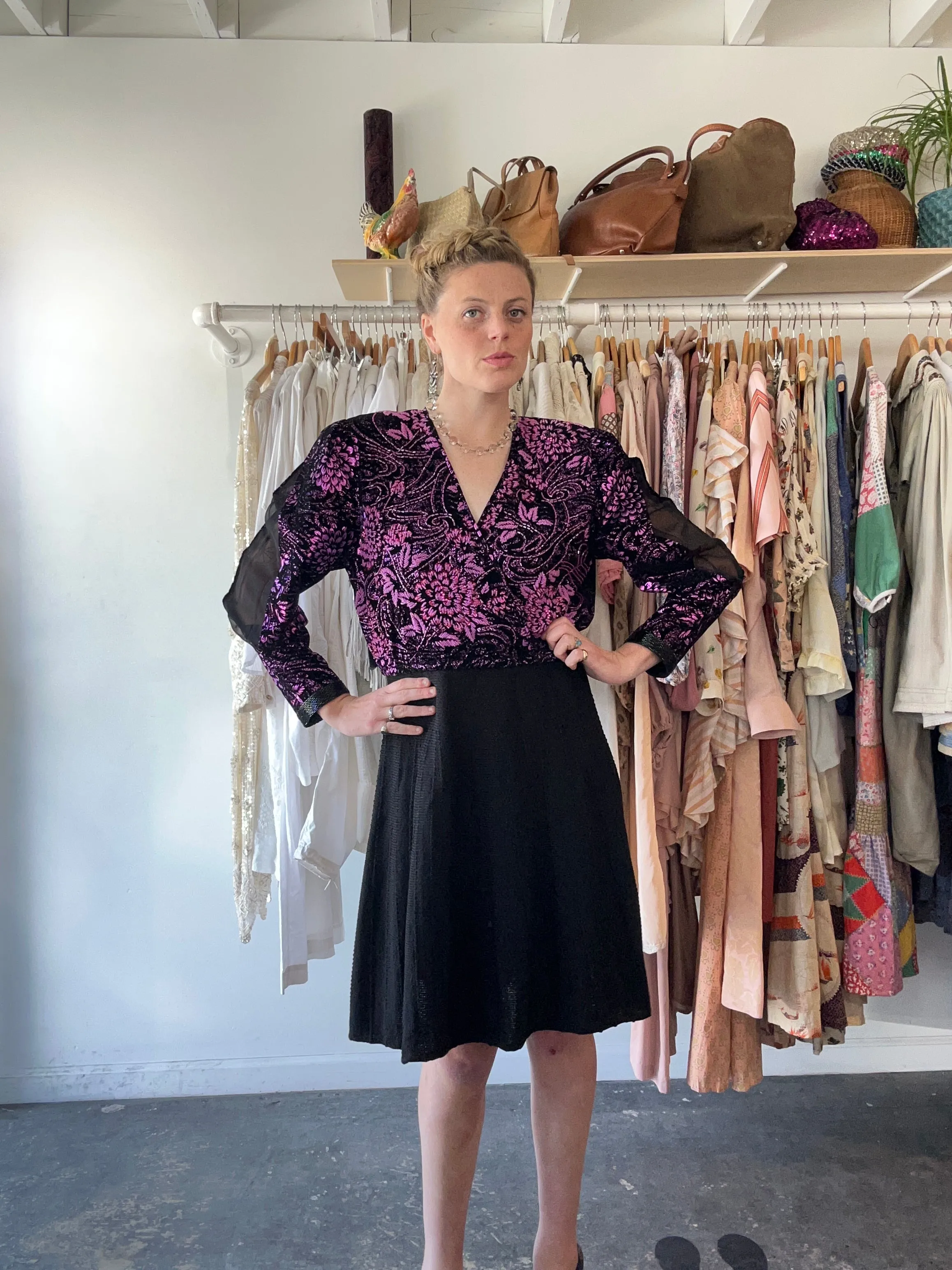 Vintage Diane Freis Black and Purple Velvet Beaded Top