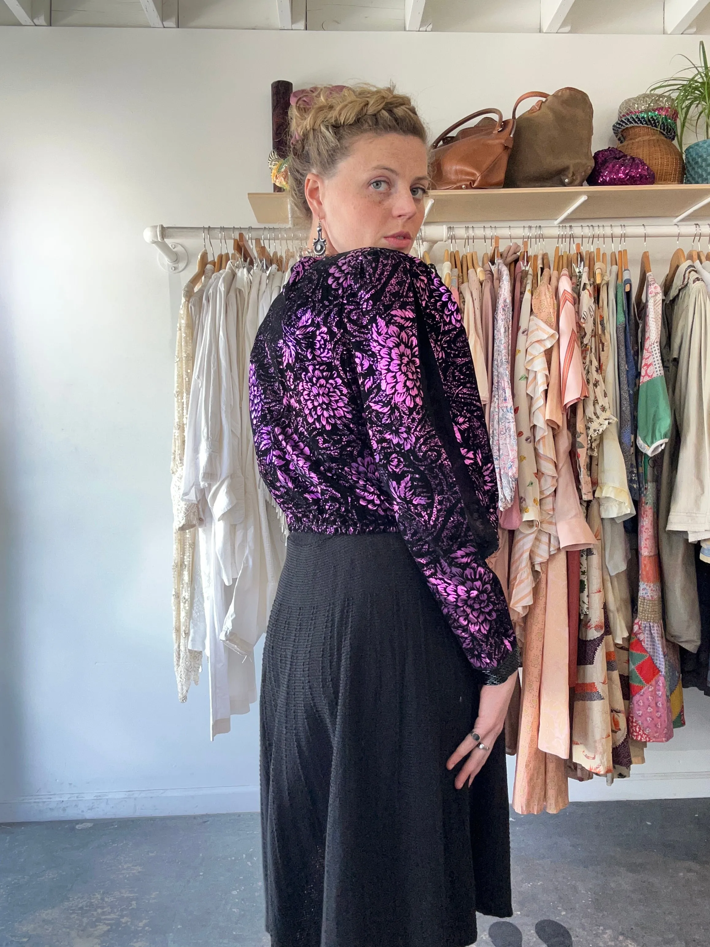 Vintage Diane Freis Black and Purple Velvet Beaded Top