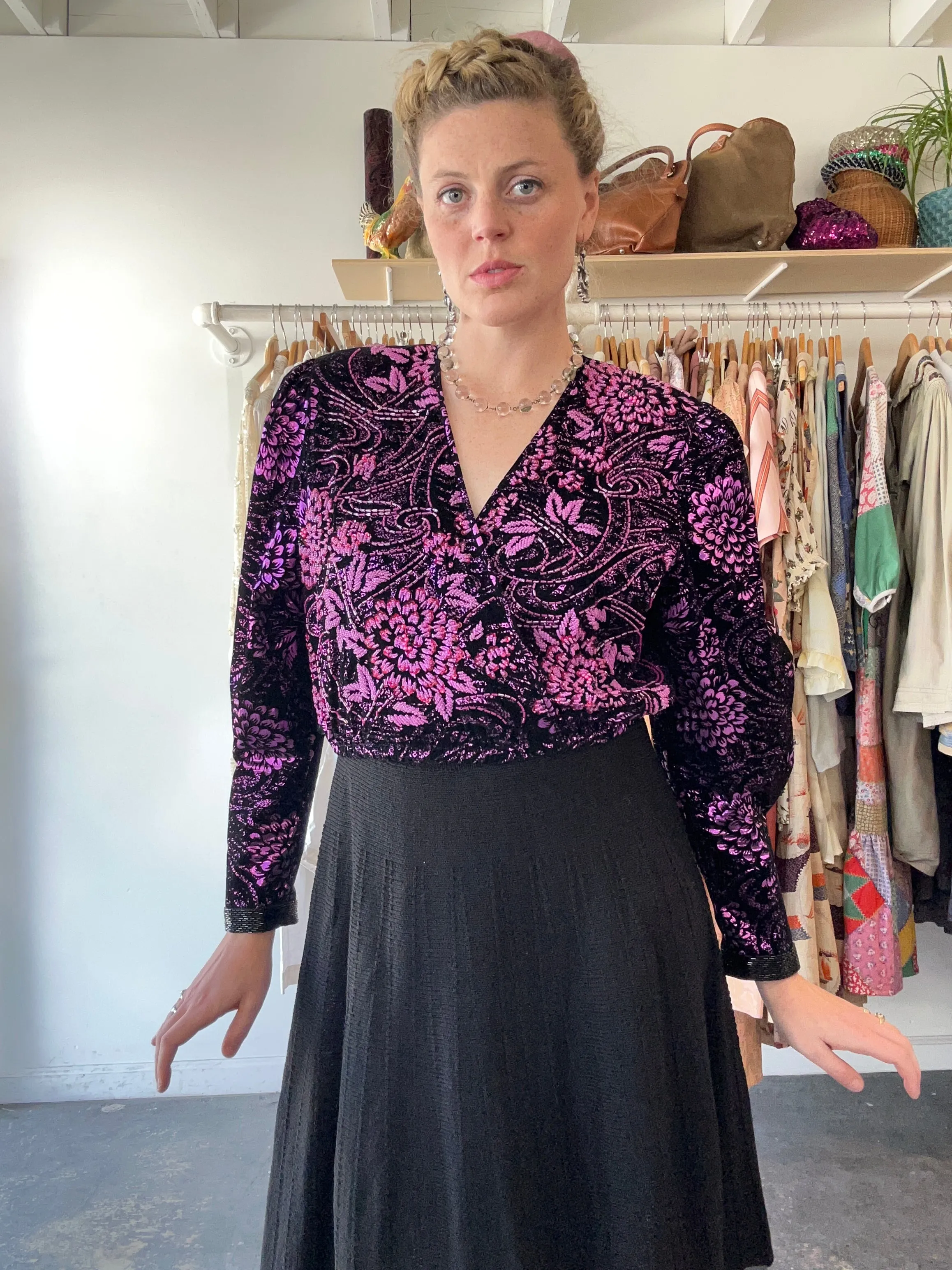 Vintage Diane Freis Black and Purple Velvet Beaded Top
