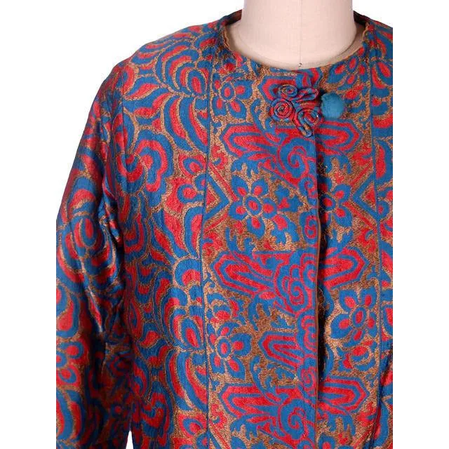 Vintage Ladies Opera Coat Orange/Turquoise Metallic Brocade Deco Pattern 1918 M