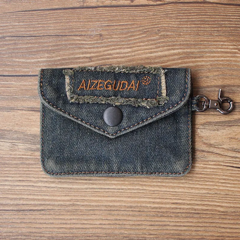 Vintage Womens Denim Mini Card Holder with Lanyard Denim Small Card Coin Bag Purse for Women