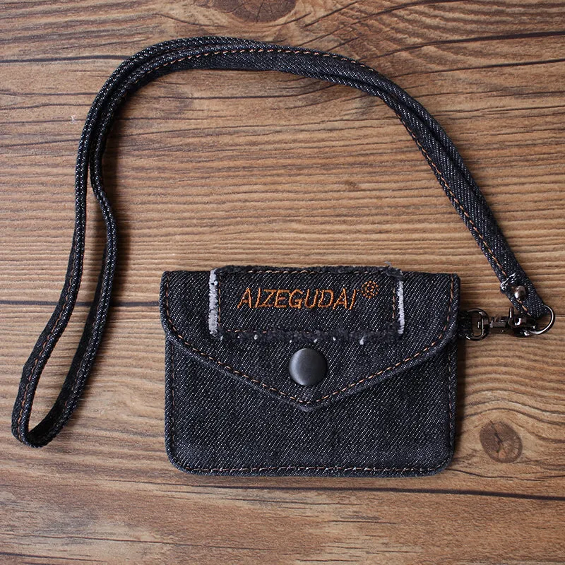 Vintage Womens Denim Mini Card Holder with Lanyard Denim Small Card Coin Bag Purse for Women