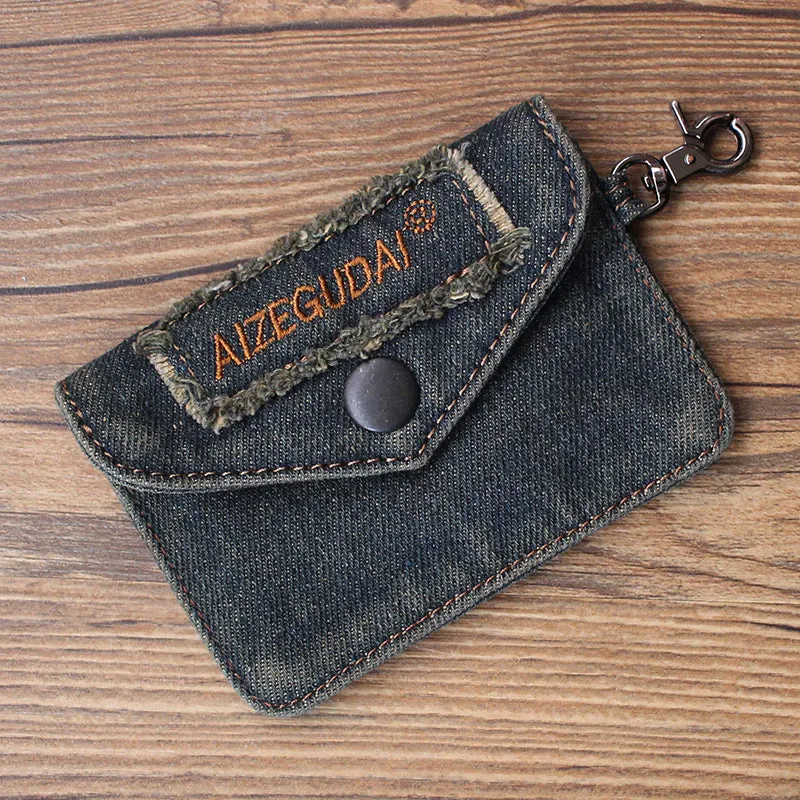 Vintage Womens Denim Mini Card Holder with Lanyard Denim Small Card Coin Bag Purse for Women