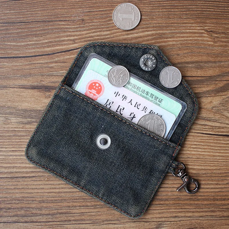 Vintage Womens Denim Mini Card Holder with Lanyard Denim Small Card Coin Bag Purse for Women