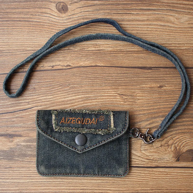 Vintage Womens Denim Mini Card Holder with Lanyard Denim Small Card Coin Bag Purse for Women