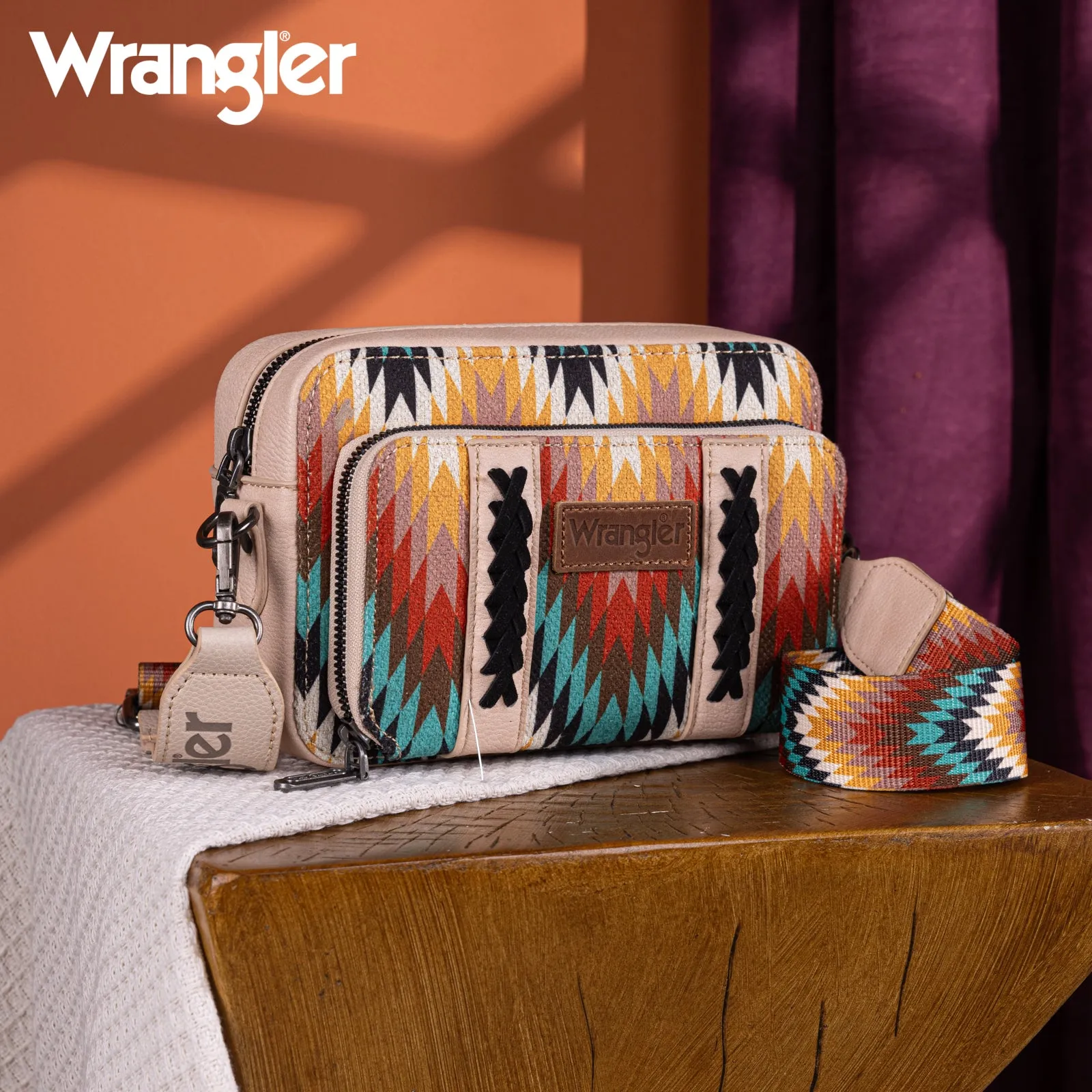 WG2211-3003  Wrangler Southwestern Pattern Dual Sided Print Crossbody Purse With Wallet Compartment - Tan